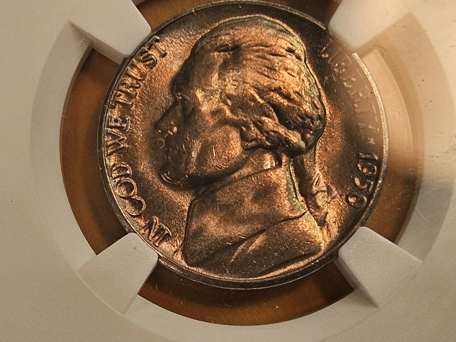 KEY DATE! GEM 1950-D Jefferson Nickel in Mint State 65: Soft kind of patina