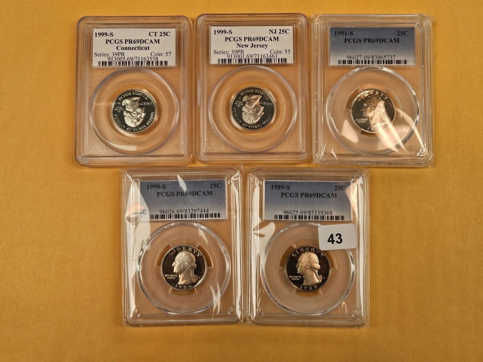 Five mixed, PCGS-Graded, Near-perfect Washington Quarters: All graded in Proof 69 Deep Cameo