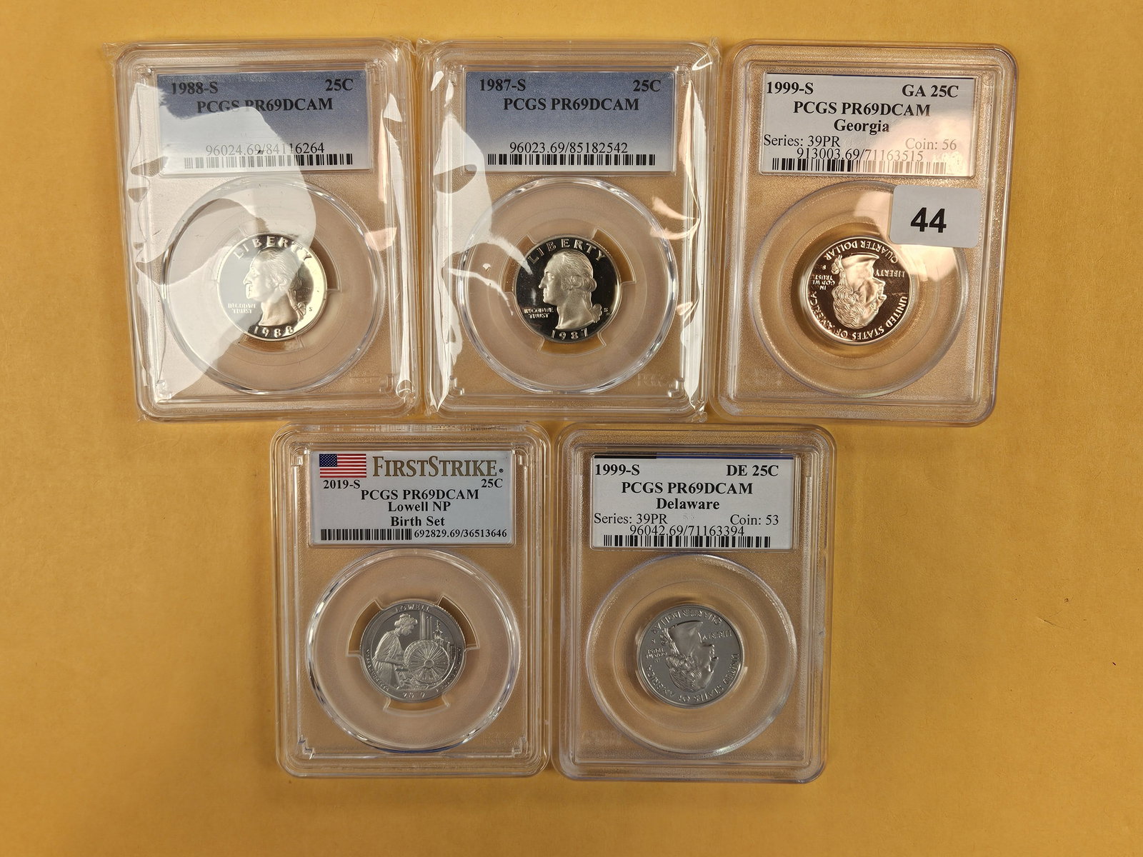 Five mixed, PCGS-Graded, Near-perfect Washington Quarters: All graded in Proof 69 Deep Cameo