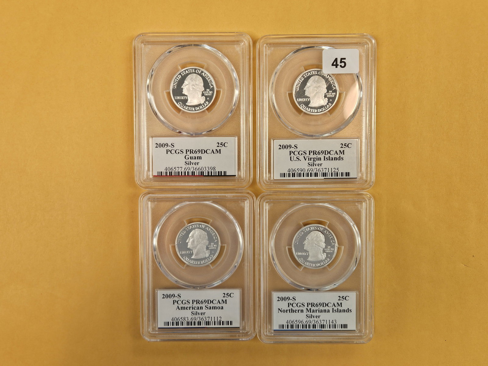Four mixed, SILVER, PCGS-Graded, Near-perfect Washington Quarters: All graded in Proof 69 Deep Cameo…All SILVER!