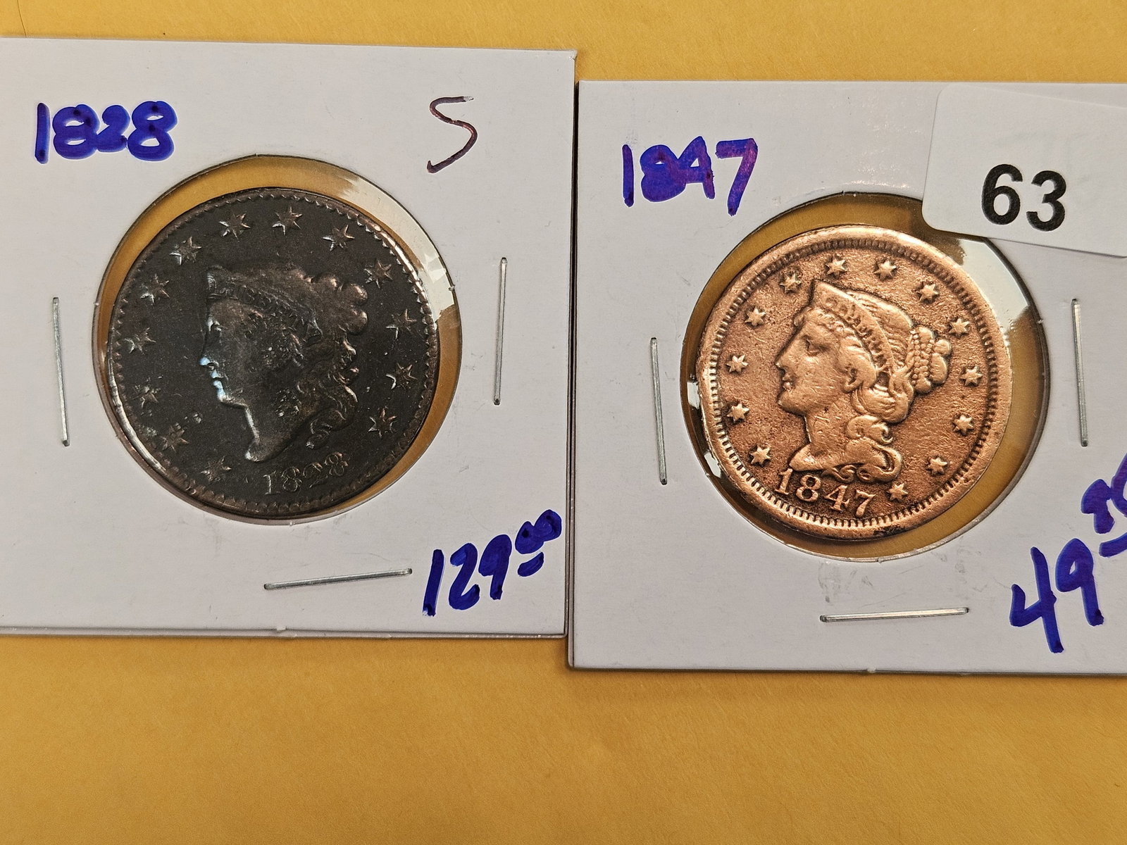 1828 Coronet and 1847 Braided Hair large cents: Both with issues
