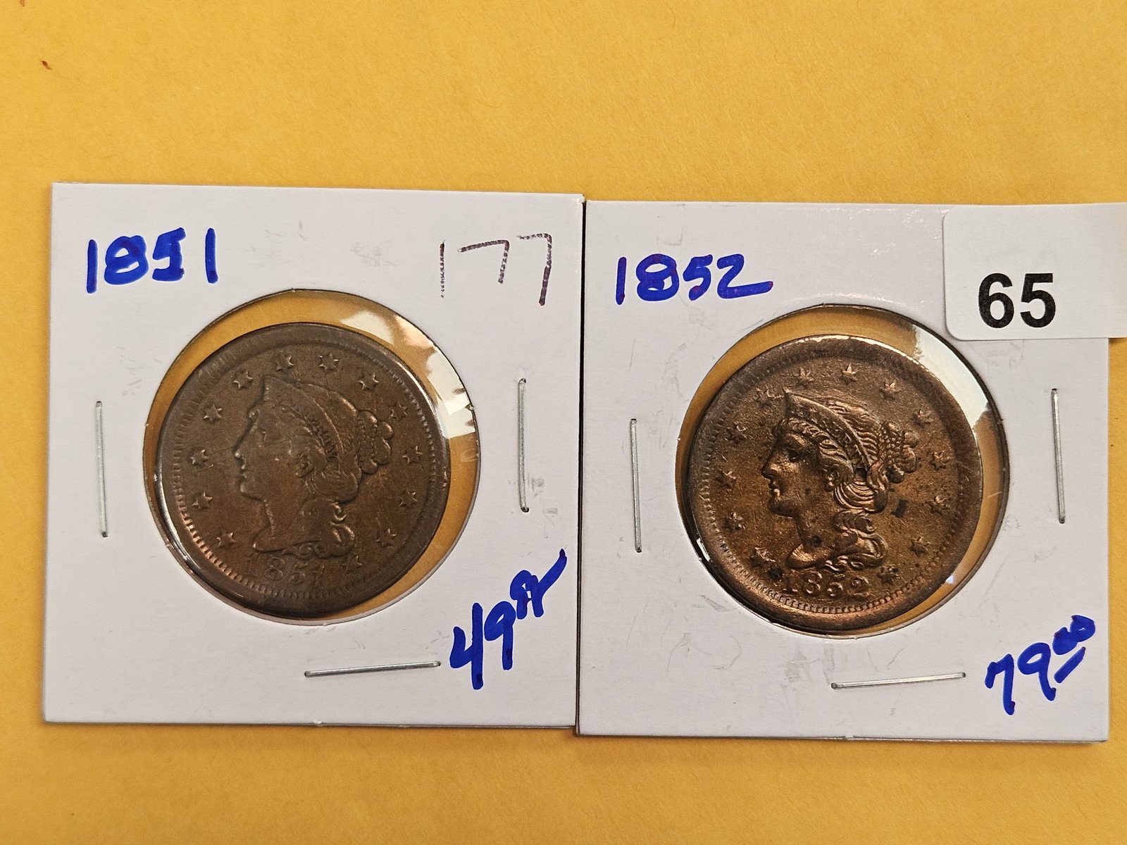 1851 and 1852 Braided Hair Large Cents: In Fine and Very Fine plus - details