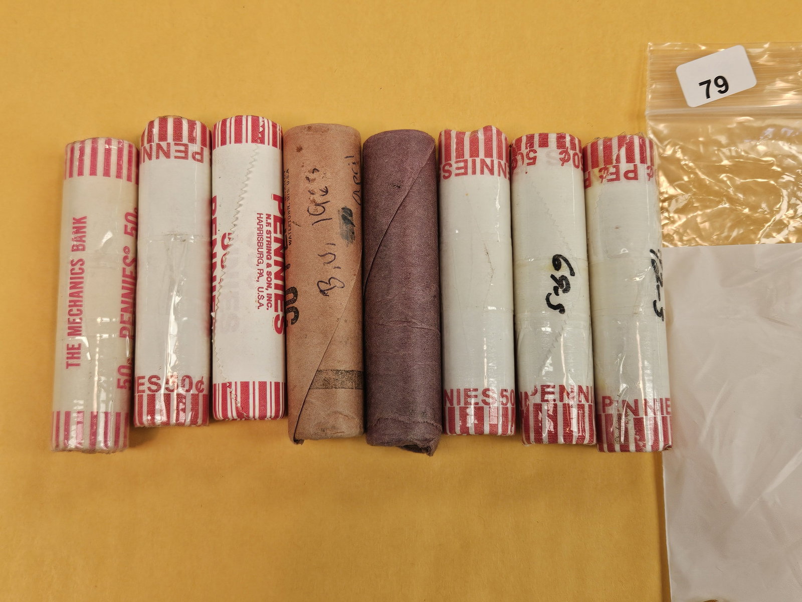 Eight Brilliant Uncirculated rolls of Lincoln cents: solid date original bank wrapped rolls of lincoln pennies includes better dates 1969-s and 1972-s. From dealer. Unchecked by us