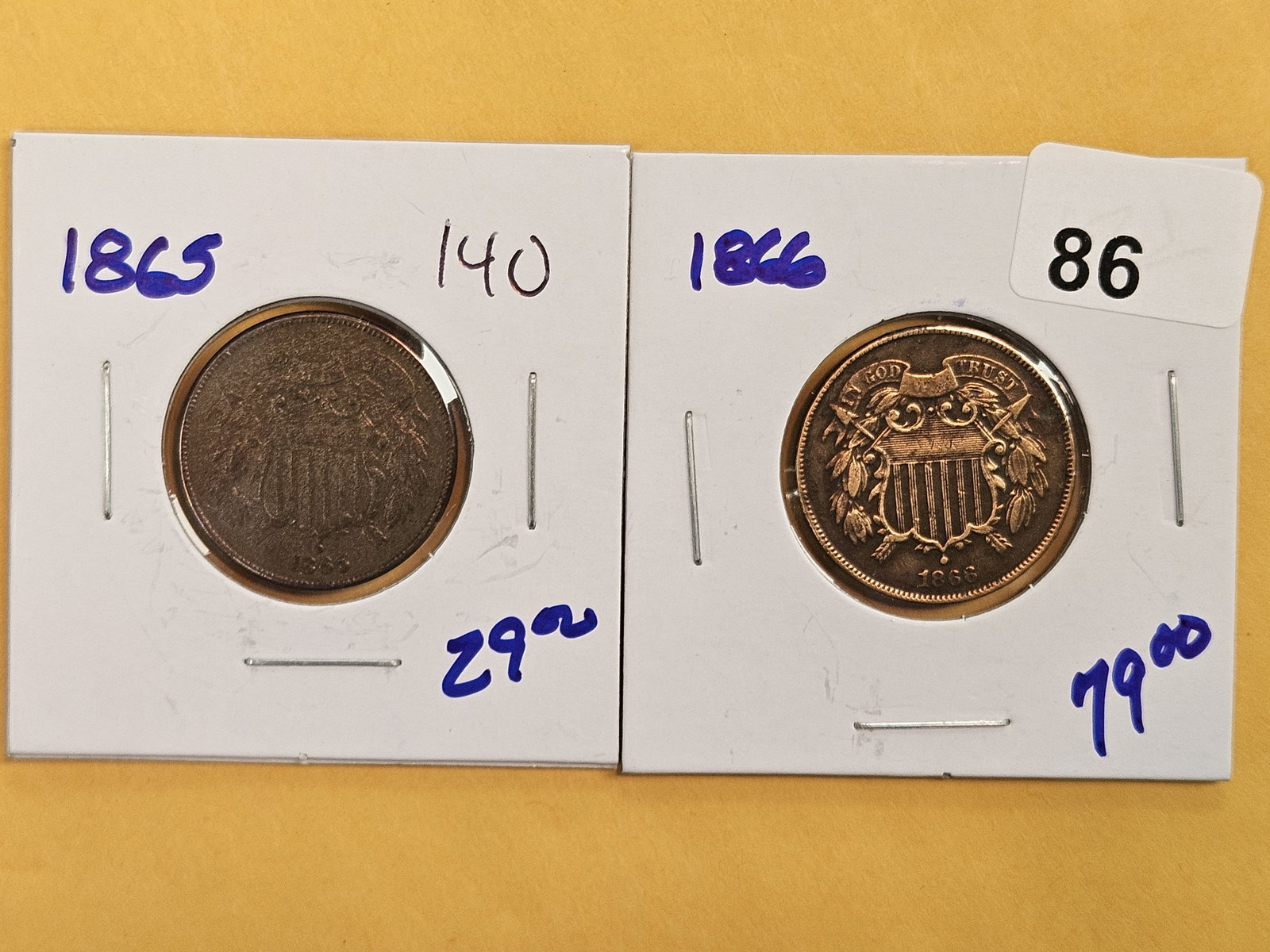 1865 and 1866 Two Cent pieces: Both in Better grades, just with surface issues