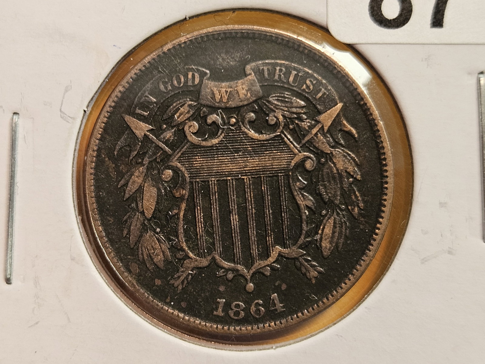 1864 Two Cent piece with Rotated Reverse: Looks in Extra Fine plus - details