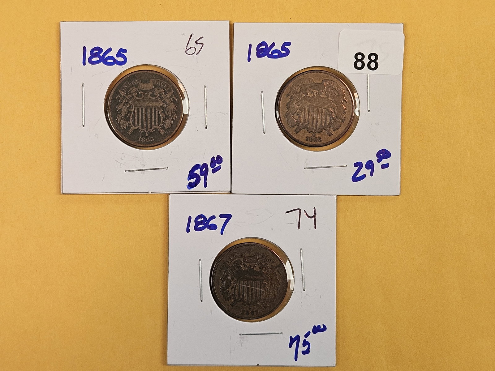 1865, 1867 and 1865 Two cent pieces: All circulated