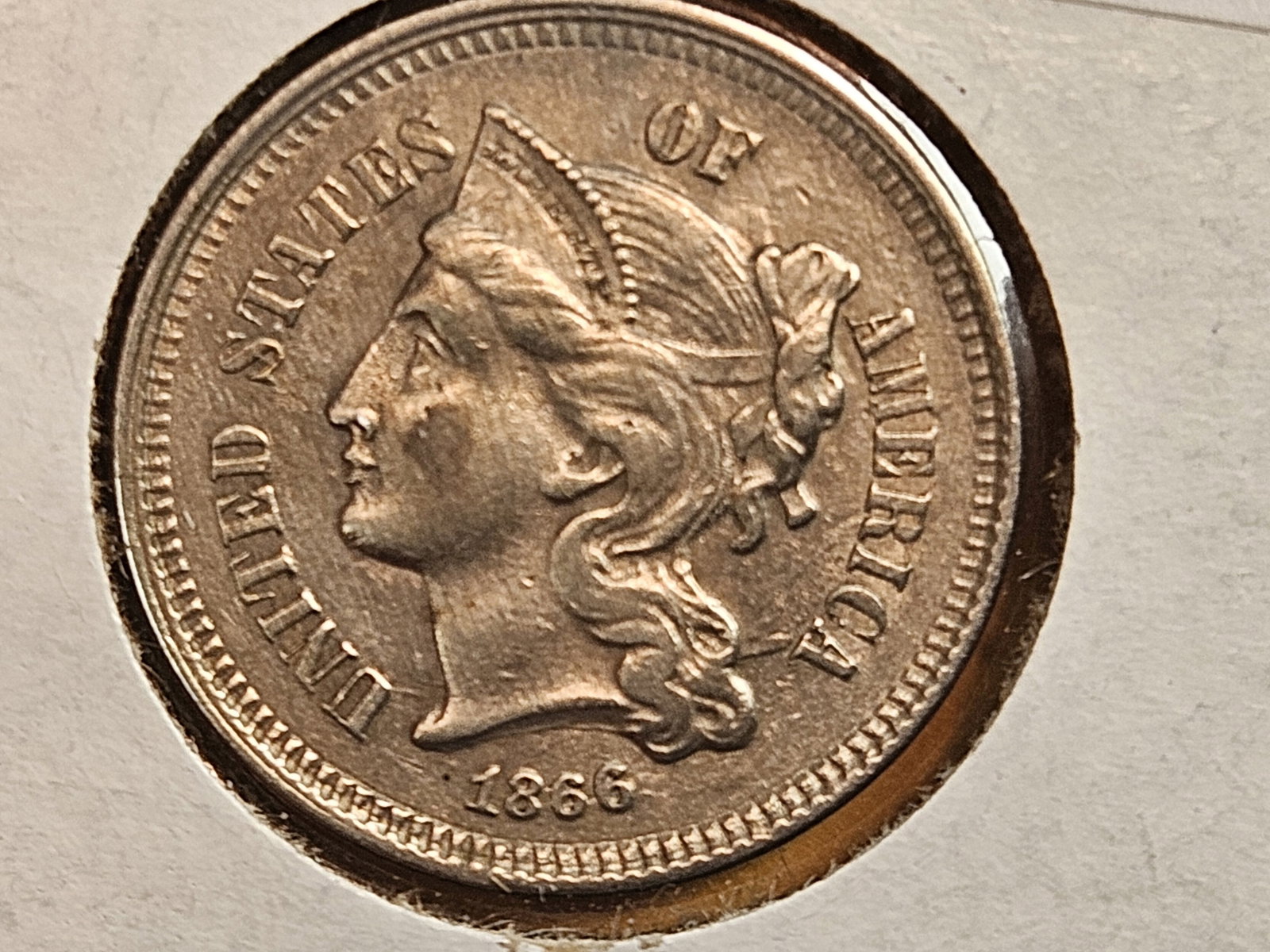 Bright 1866 Three Cent Nickel: Looks in About Uncirculated plus