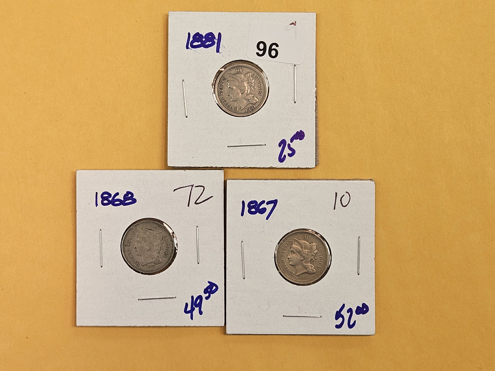 Three mixed 3-Cent nickels: All in Very Fine - details