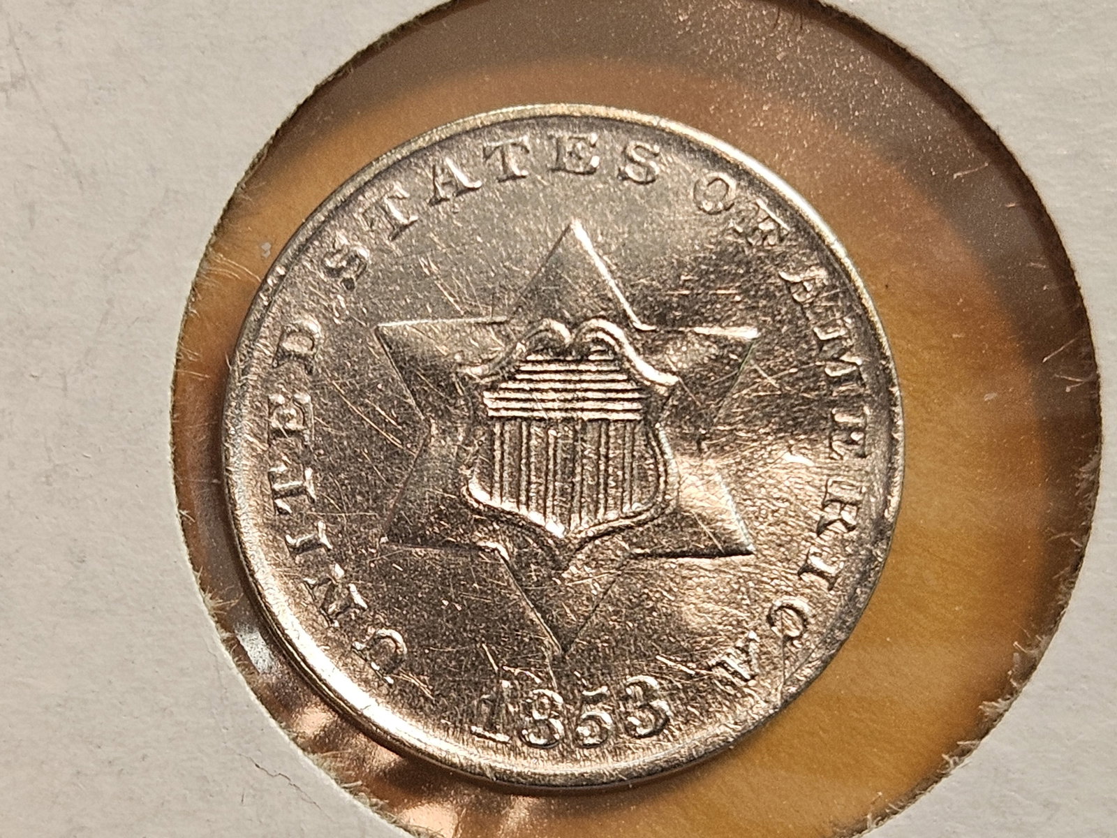 1853 Three cent Silver Trime: In Brilliant About Uncirculated plus - details