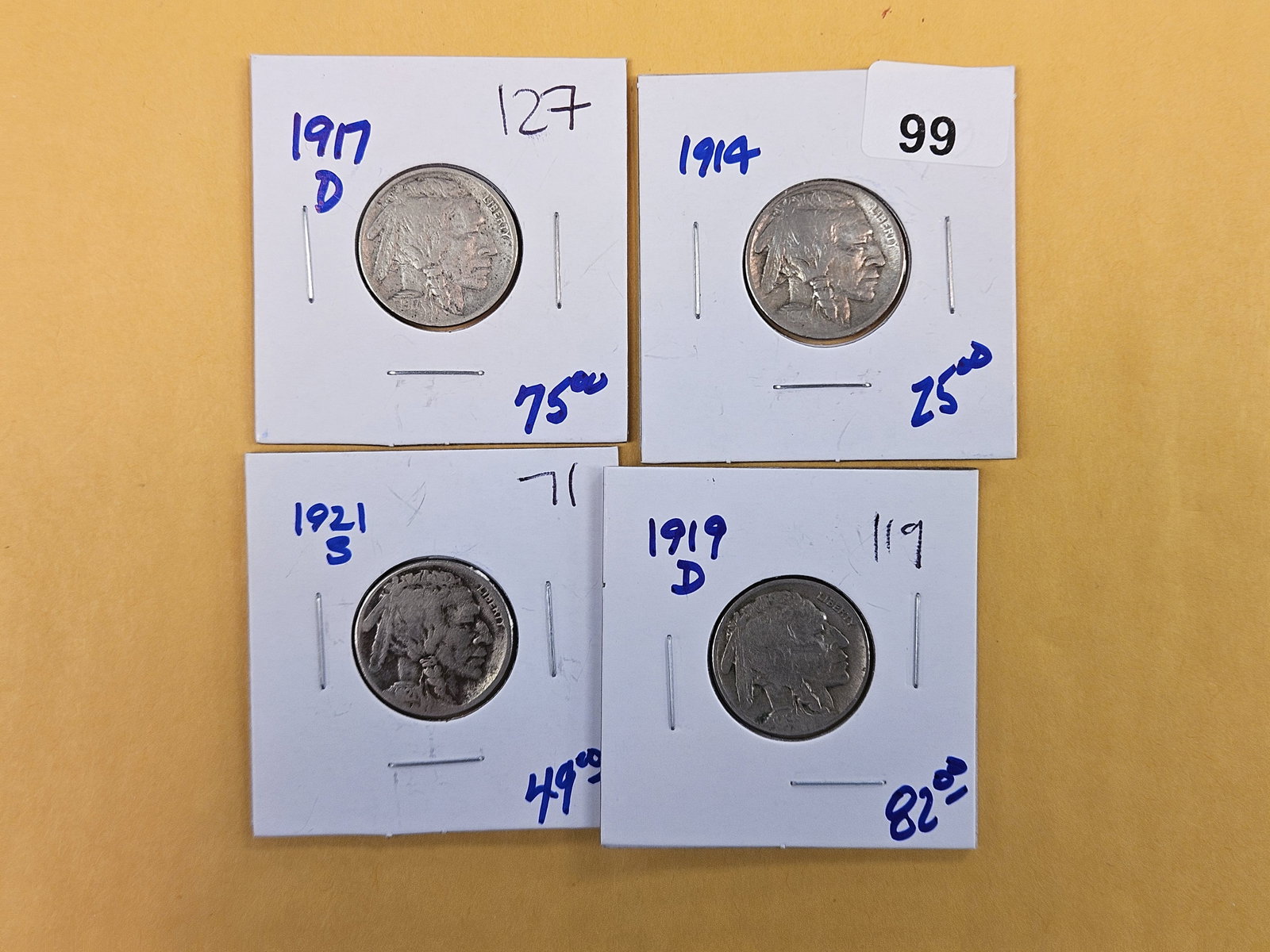 Four better Buffalo Nickels: 1917-D, 1914, 1921-S and 1919-D