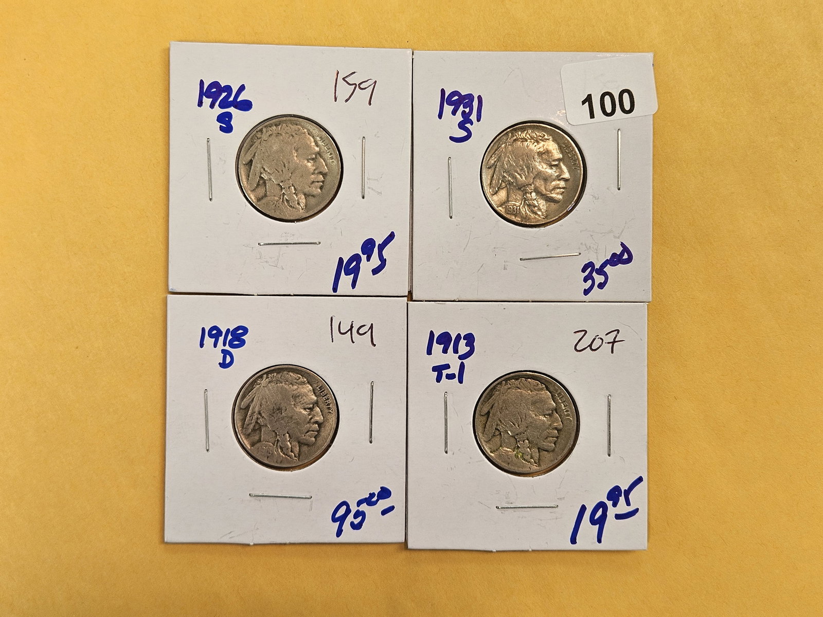 Four better Buffalo Nickels: 1926-S, 1931-S, 1918-D and 1913 Type 1