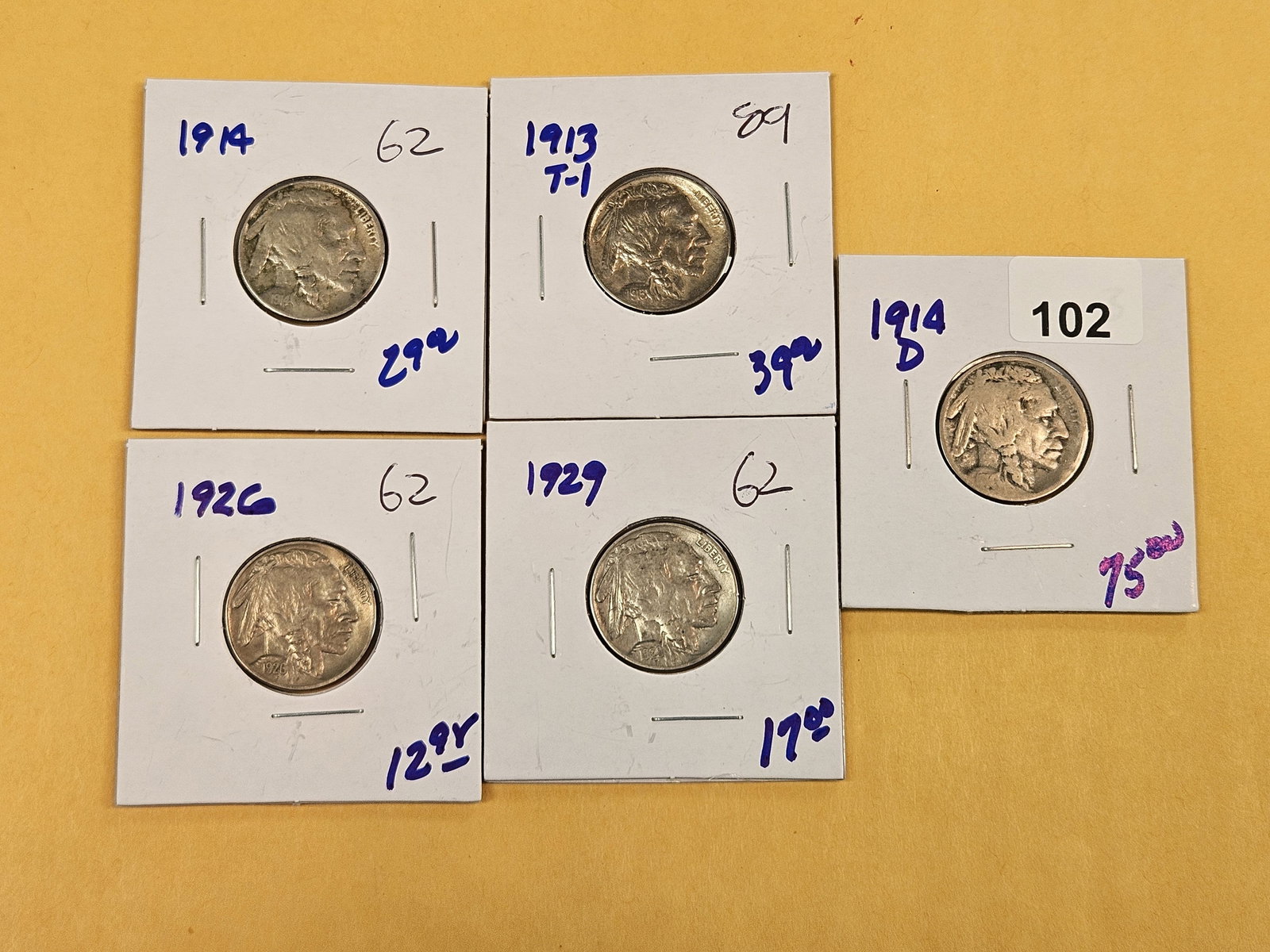 Five mixed Buffalo Nickels - 2