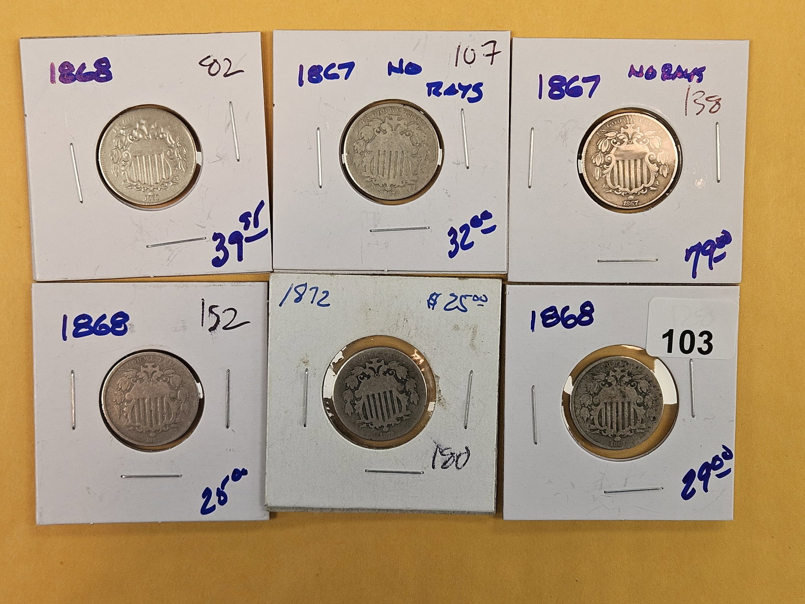 Six mixed Shield Nickels: All circulated