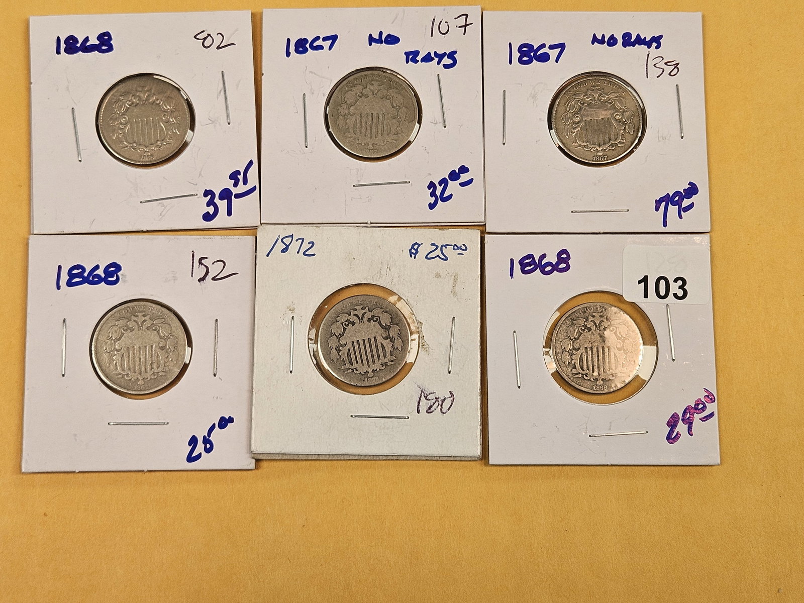 Six mixed Shield Nickels - 2