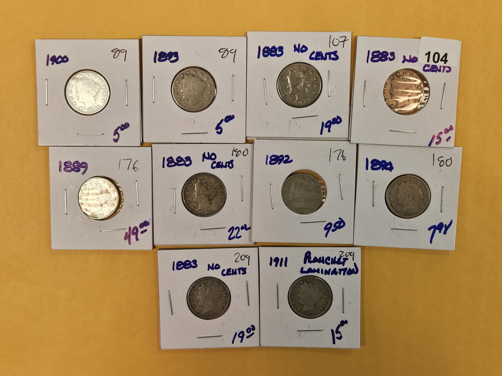 Ten mixed Liberty "V" Nickels: All circulated