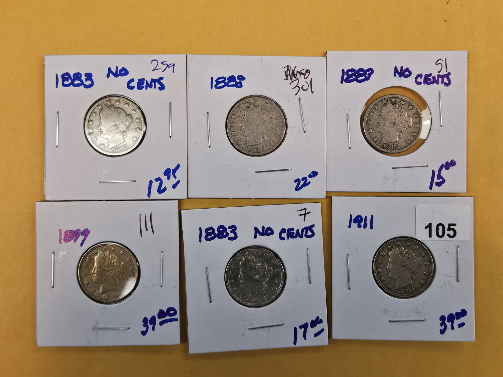 Six more mixed Liberty "V" Nickels: Lightly to well-circulated