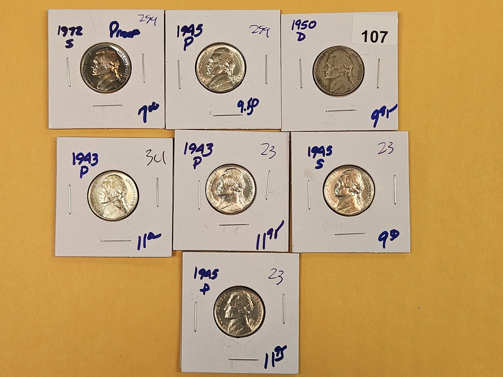 Seven mixed, better, Jefferson Nickels: Proof, Silver, KEY DATE