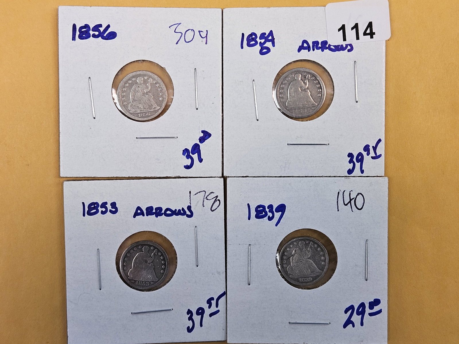 Four mixed Seated Liberty silver Half Dimes: 1856, 54-O, 53 and 39