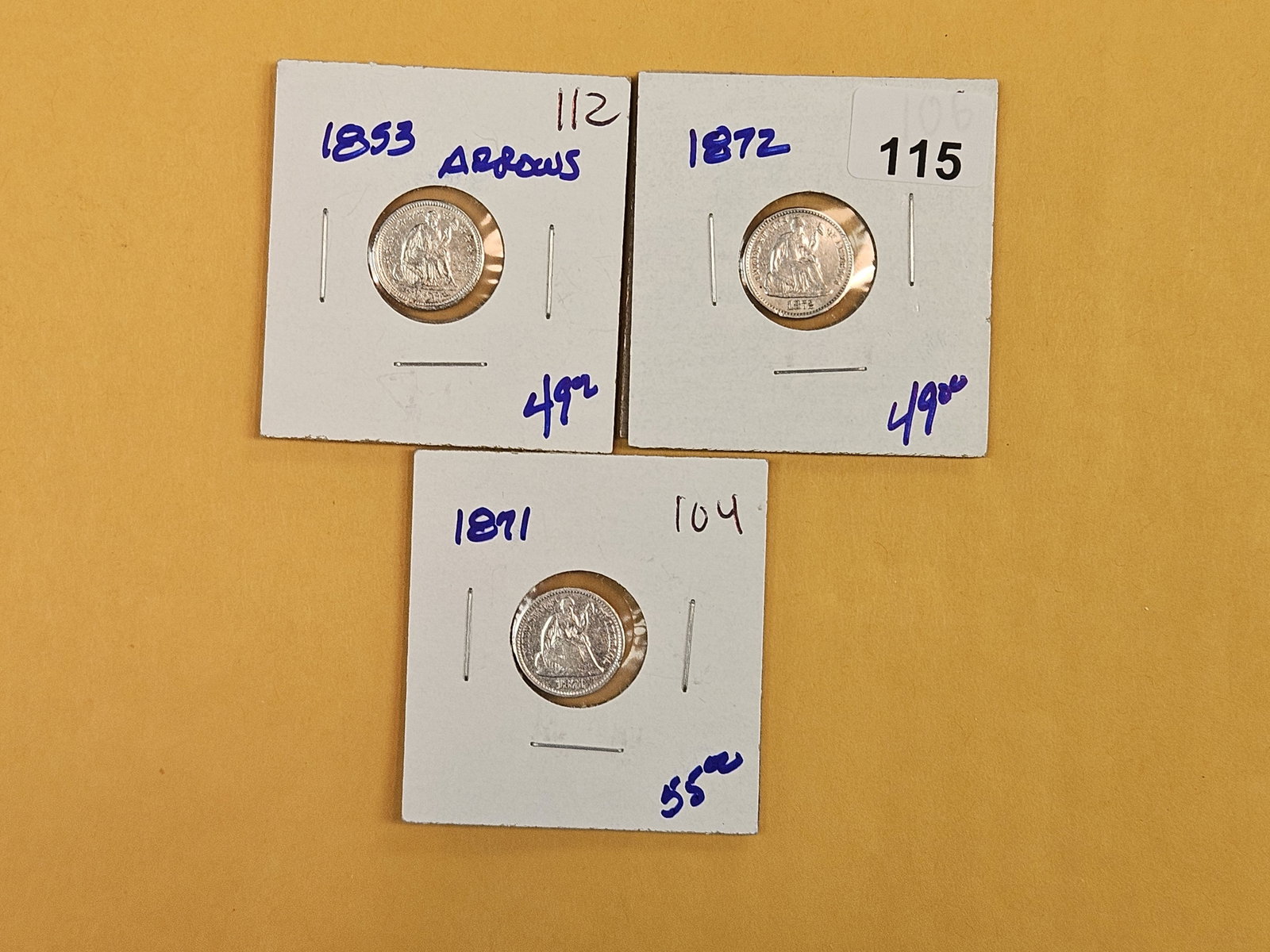 Three mixed Seated Liberty silver Half Dimes: 1853, 1872 and 1871