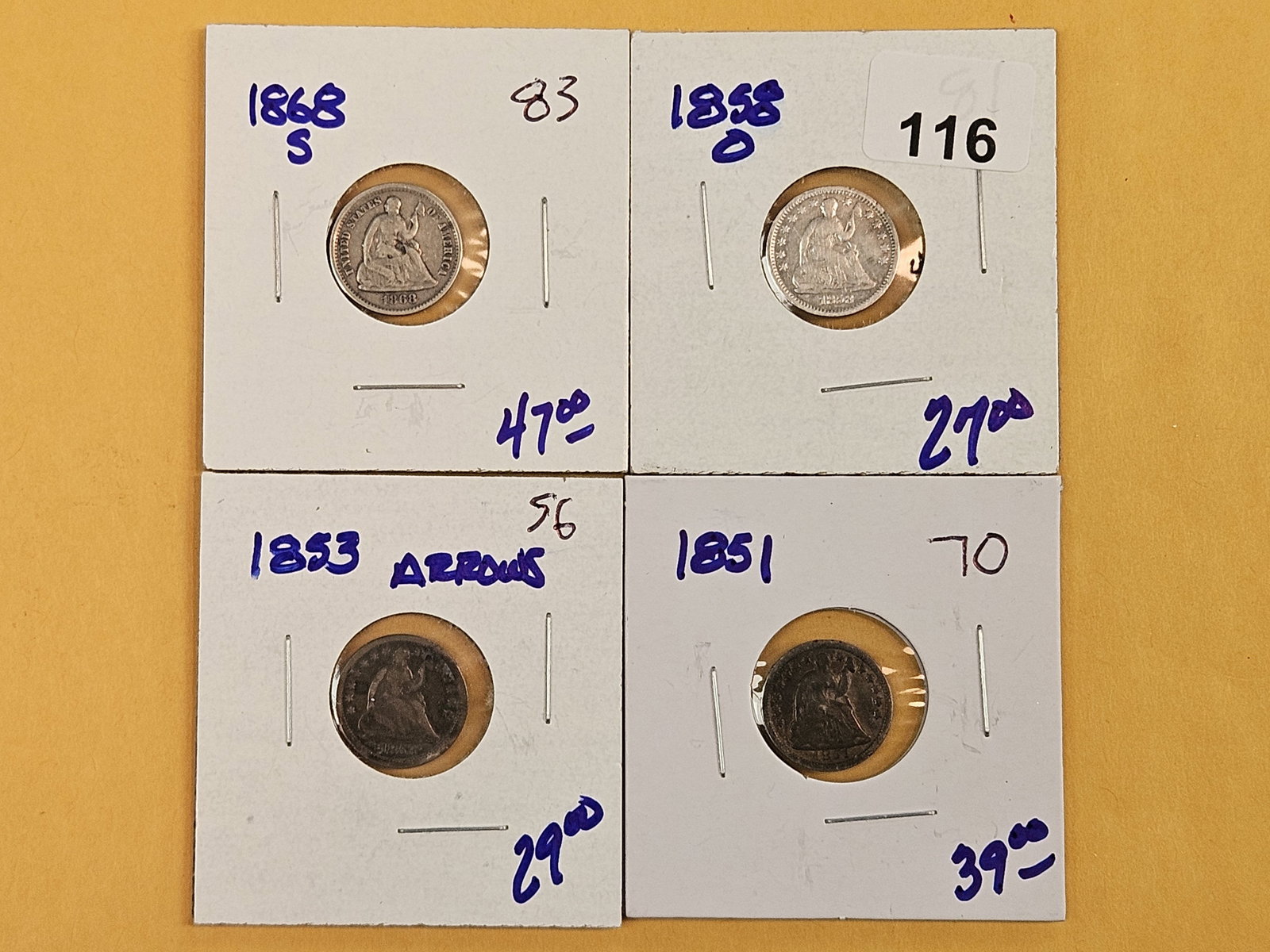 Four mixed Seated Liberty silver Half Dimes: 1868-S, 58-O, 53 and 51