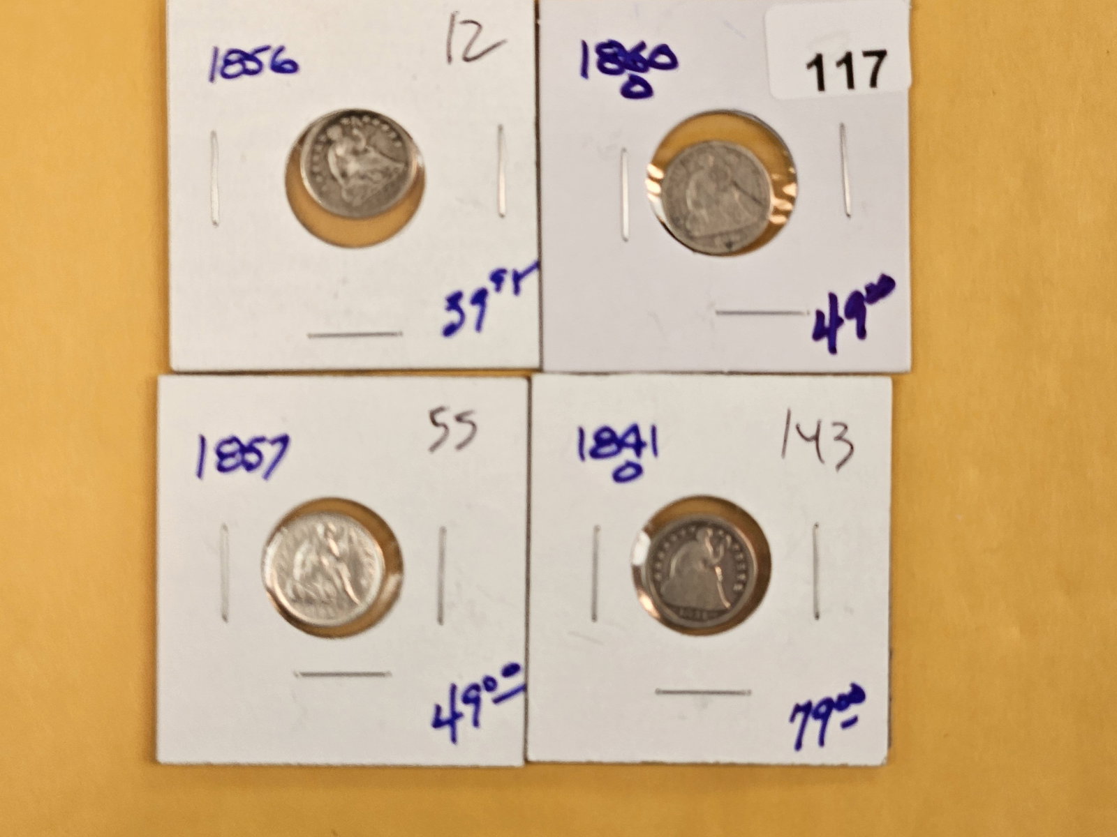 Four mixed Seated Liberty silver Half Dimes: 1856, 60-O, 57 and 41-O