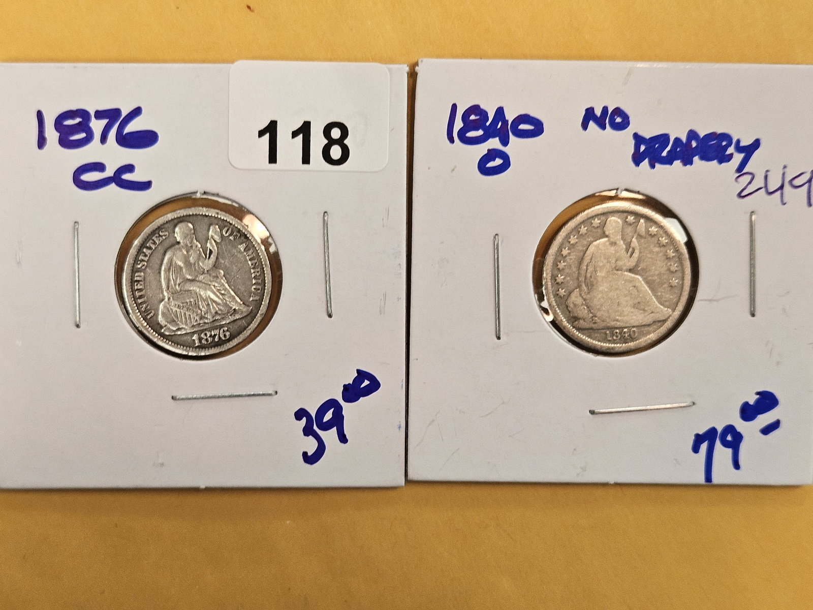 Two little better Seated Liberty Silver Dimes: 1876-CC Carson City and 1840-O no Drapery