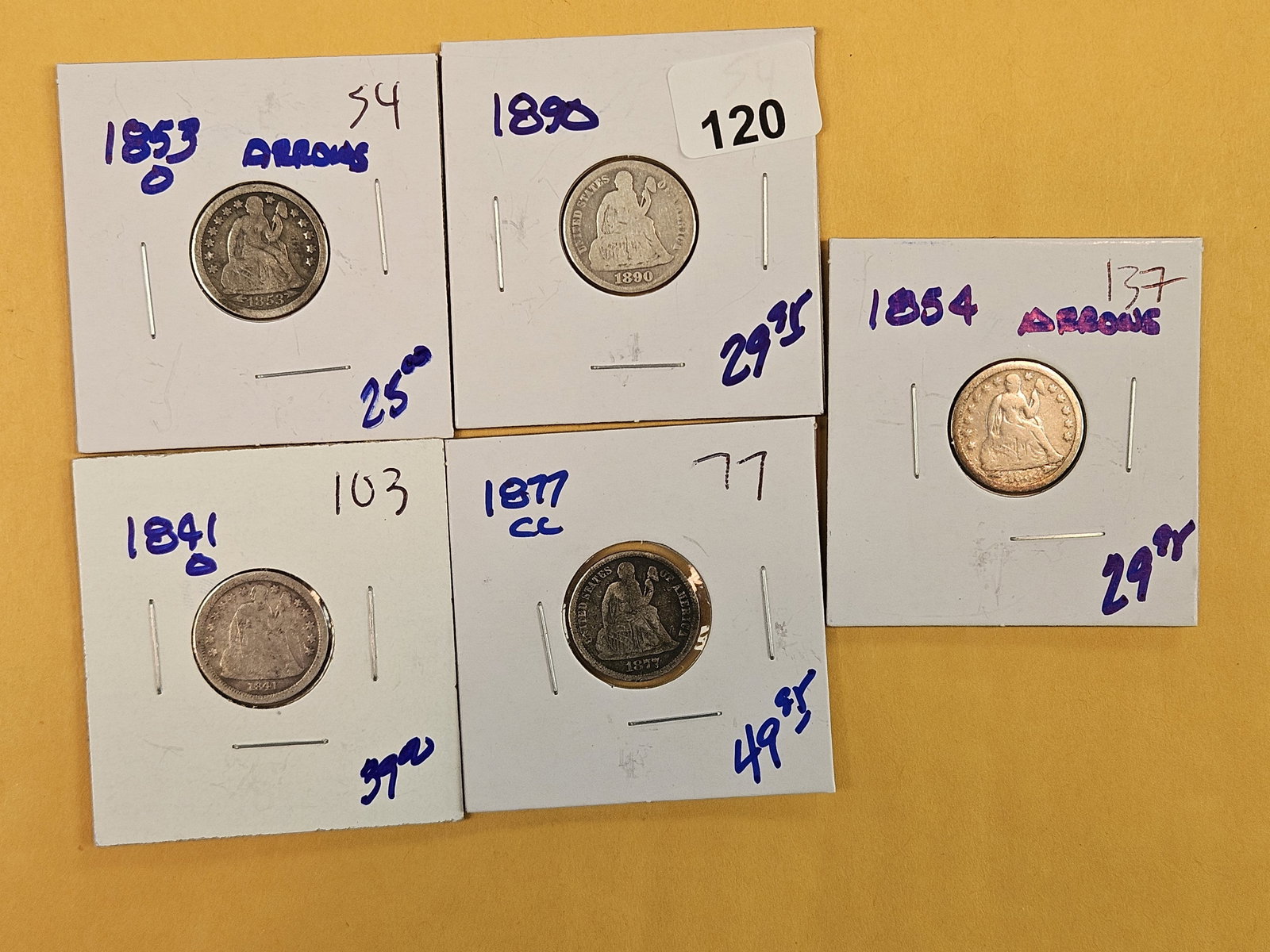 Five mixed Seated Liberty Silver Dimes: Includes a Carson City