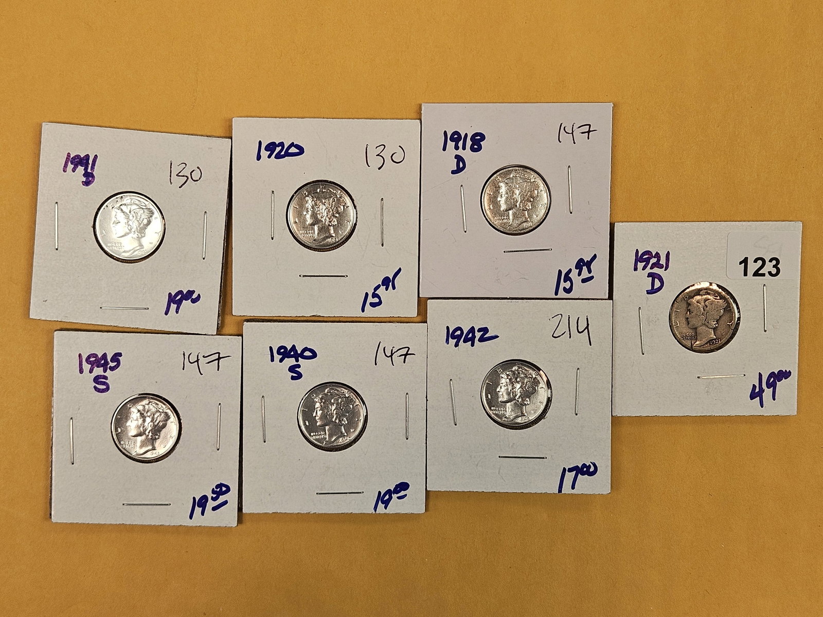 Seven mixed silver Mercury Dimes: Includes a KEY DATE 1921-D