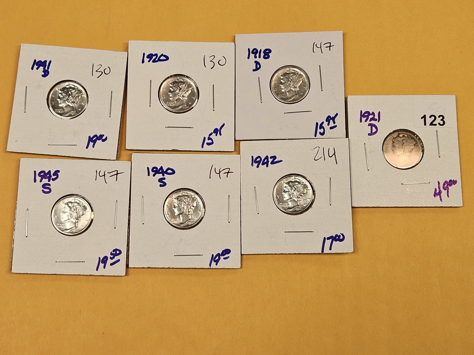 Seven mixed silver Mercury Dimes - 2