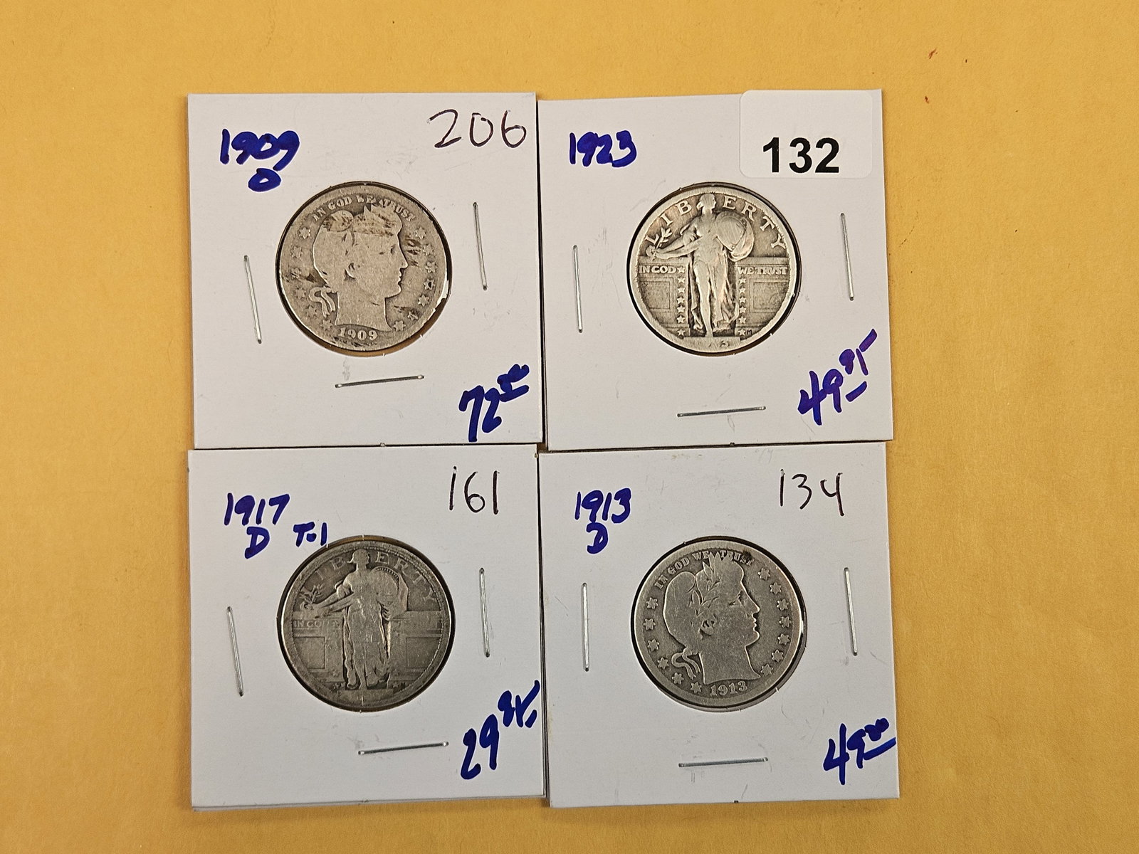 Four mixed silver Quarters: Barber and SLQ