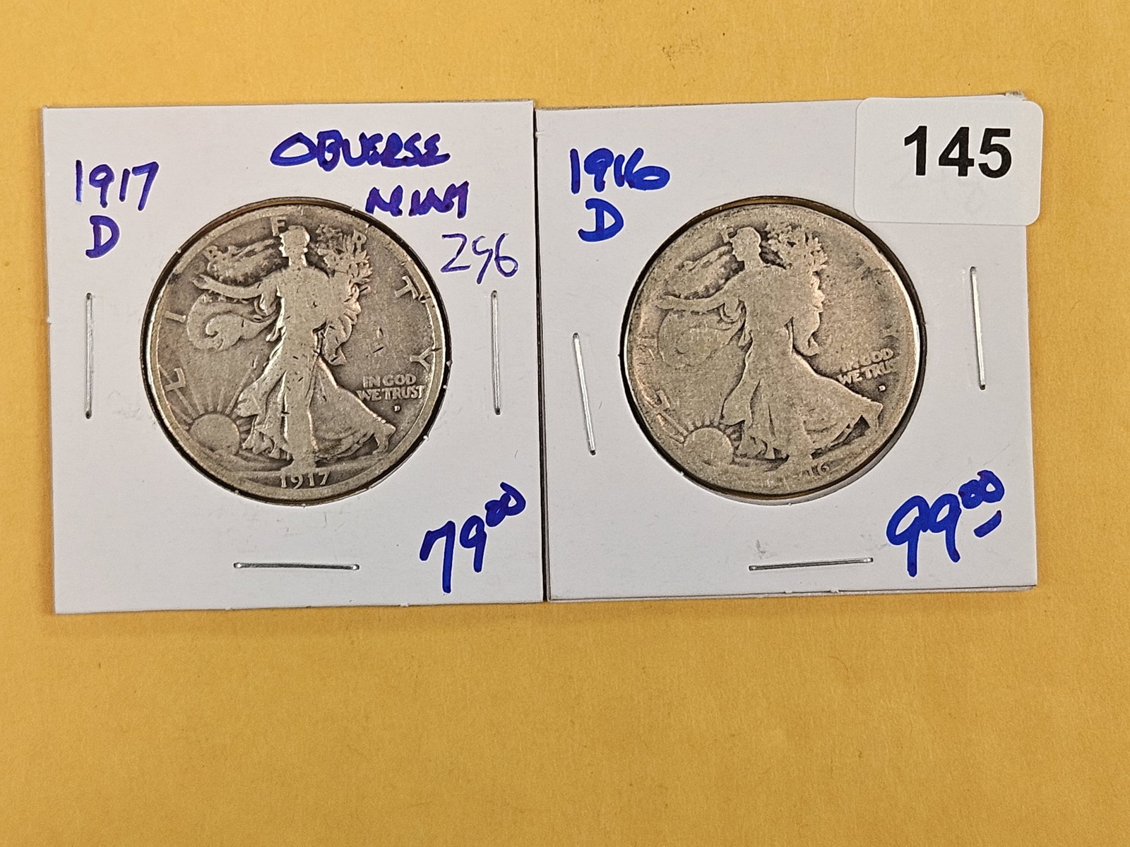 Two First and Second Year Walking Liberty Silver Half Dollars: 1917-D and 1916-D