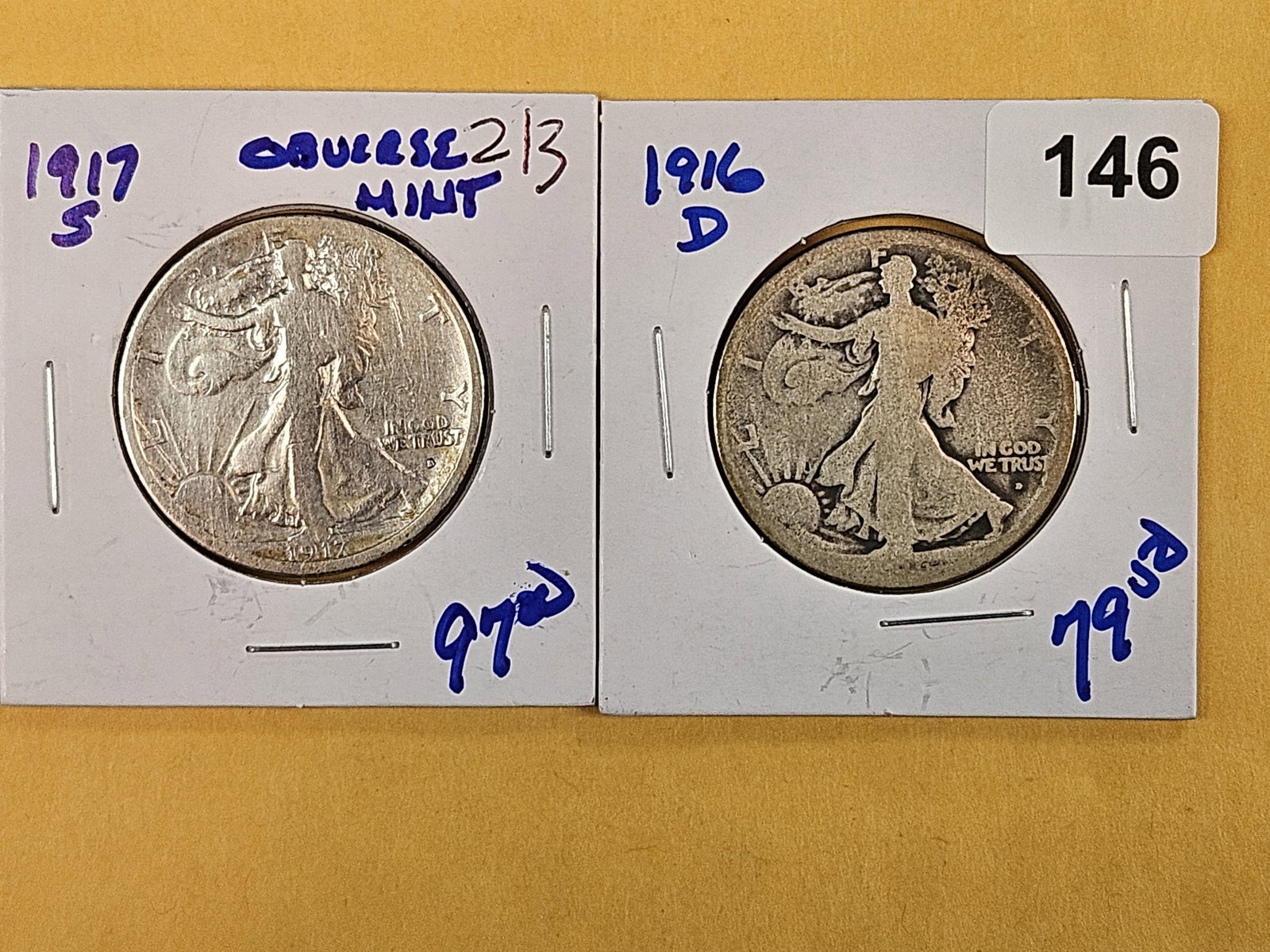 Two First and Second Year Walking Liberty Silver Half Dollars: 1917-S and 1916-D