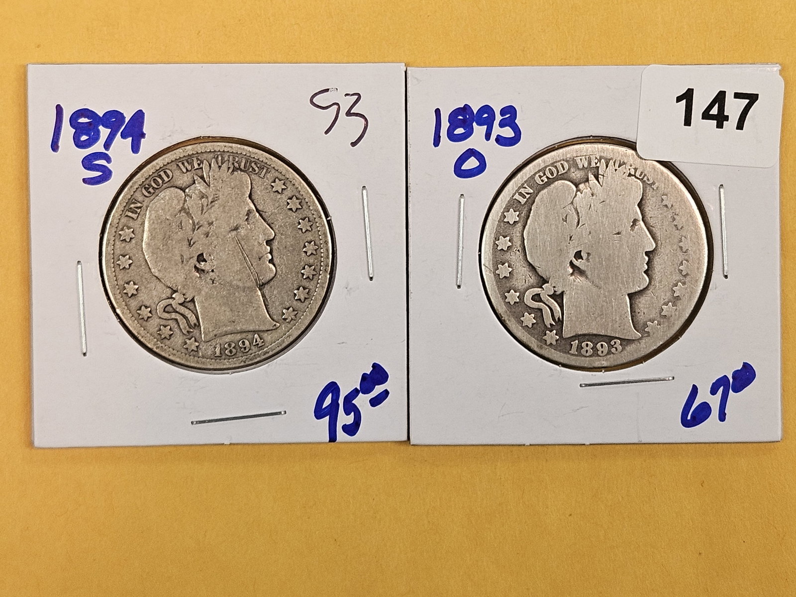 Two Better date Barber Half Dollars: 1894-S and 1893-O