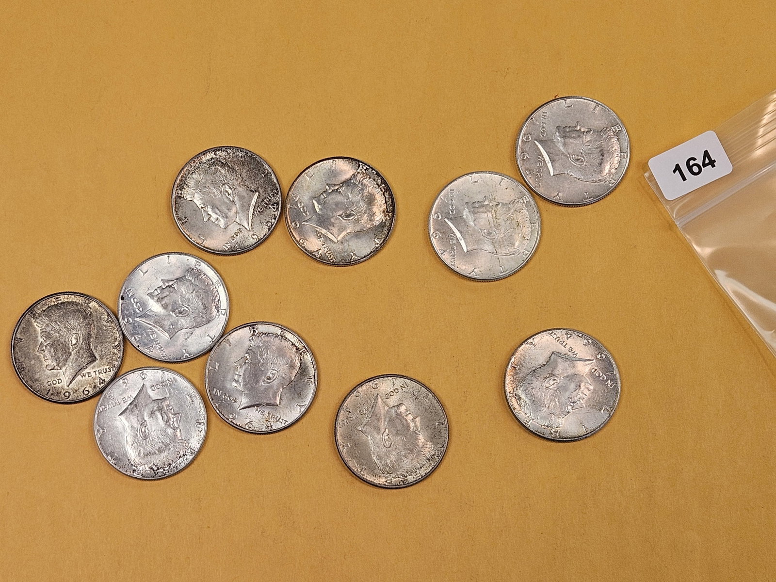 Ten 1964 silver Kennedy Half Dollars: Circulated