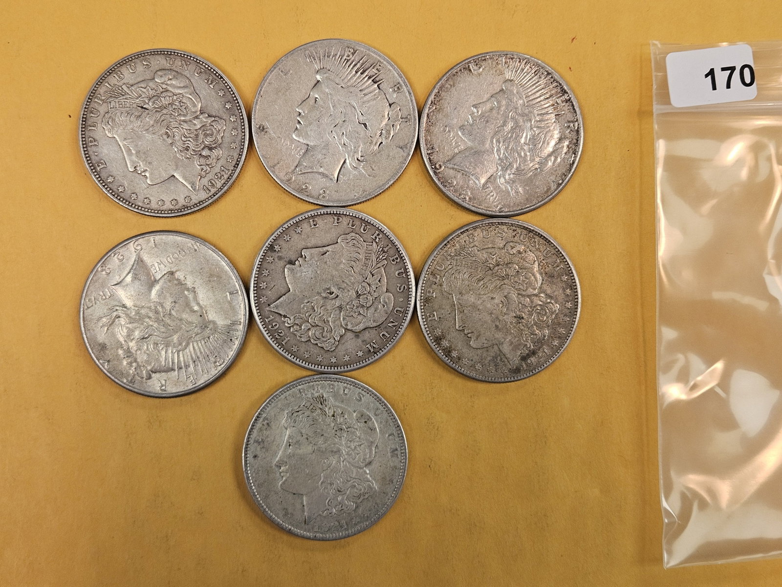Seven mixed Peace and Morgan silver Dollars: Circulated