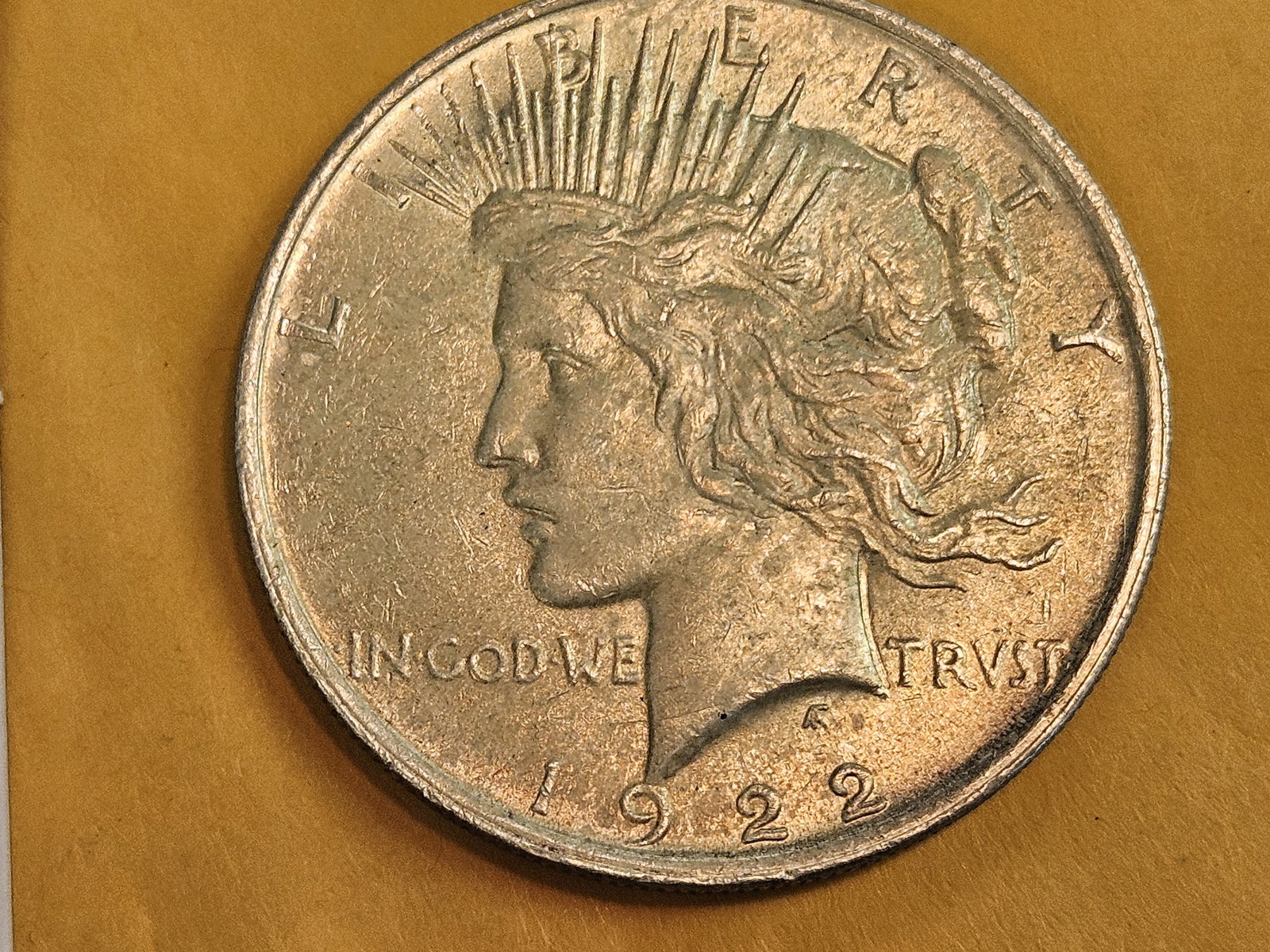 MINT ERROR! Bright About Uncirculated 1922 Peace silver Dollar: Struck-through error on reverse