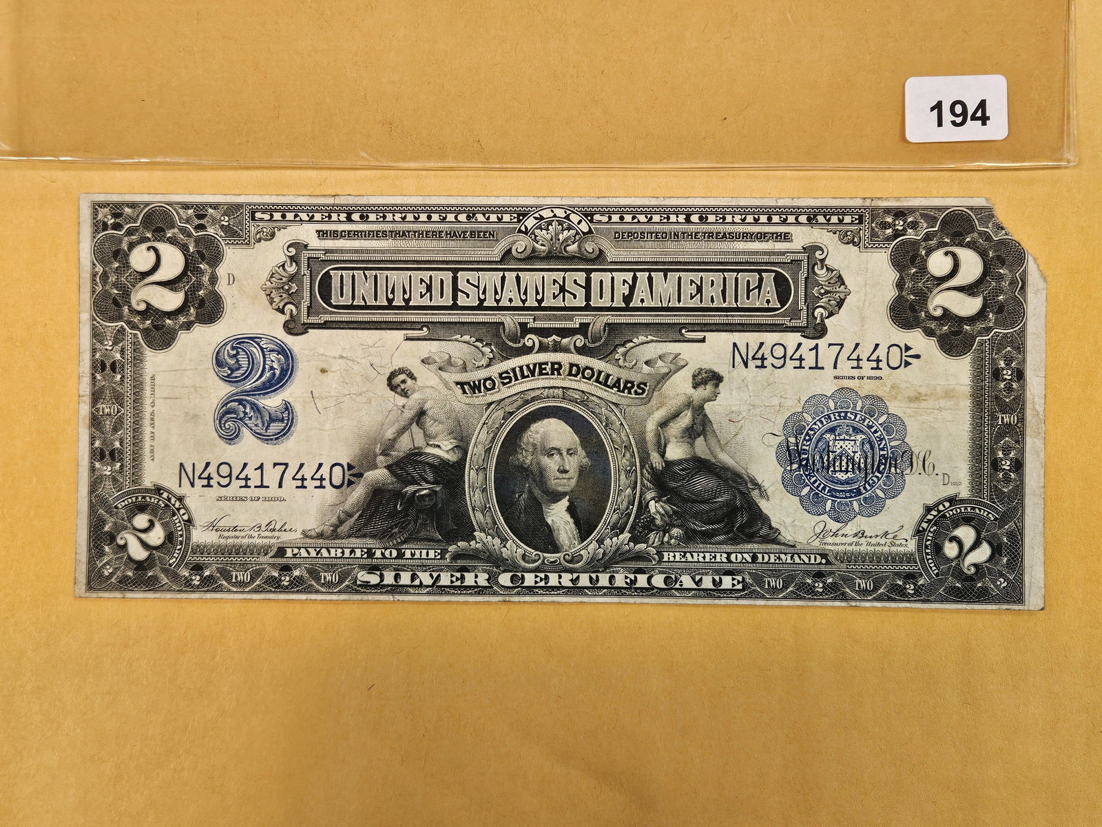 Scarcer 1899 Two Dollar Large Size Silver Certificate: 1899 two dollar silver certificate note known as the mini porthole