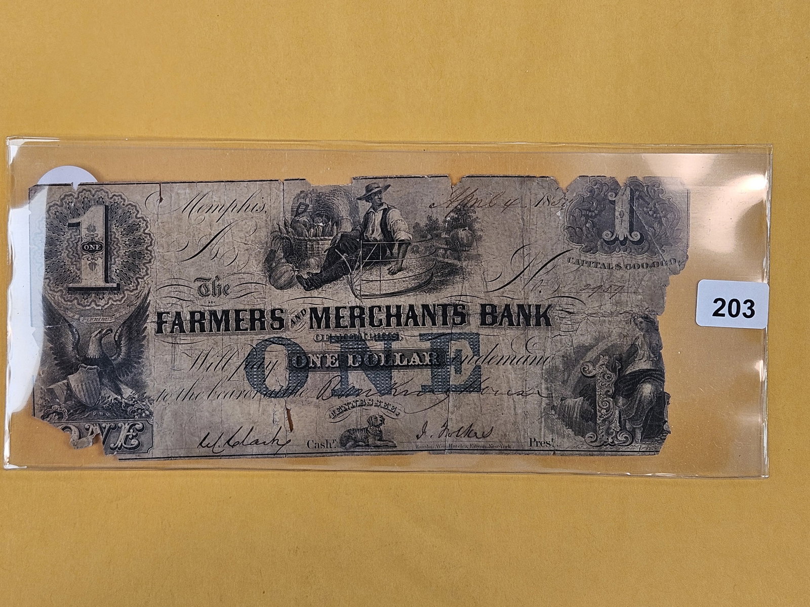 1857 One Dollar Large Size Obsolete Note: THE FARMERS AND MERCHANTS ONE DOLLAR BROKEN BANK NOTE