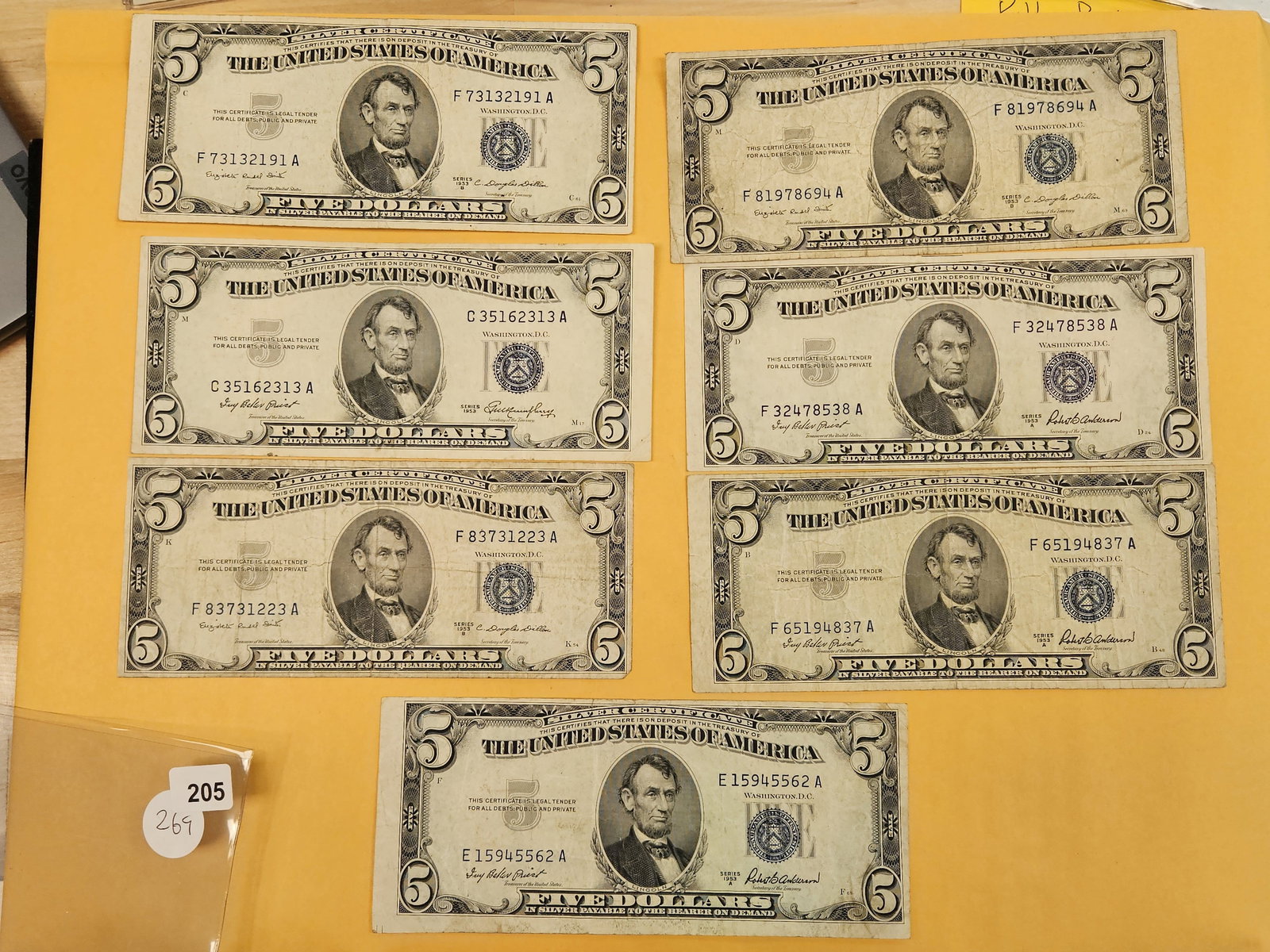 Seven mixed Five Dollar Silver Certificates (1 of 1)