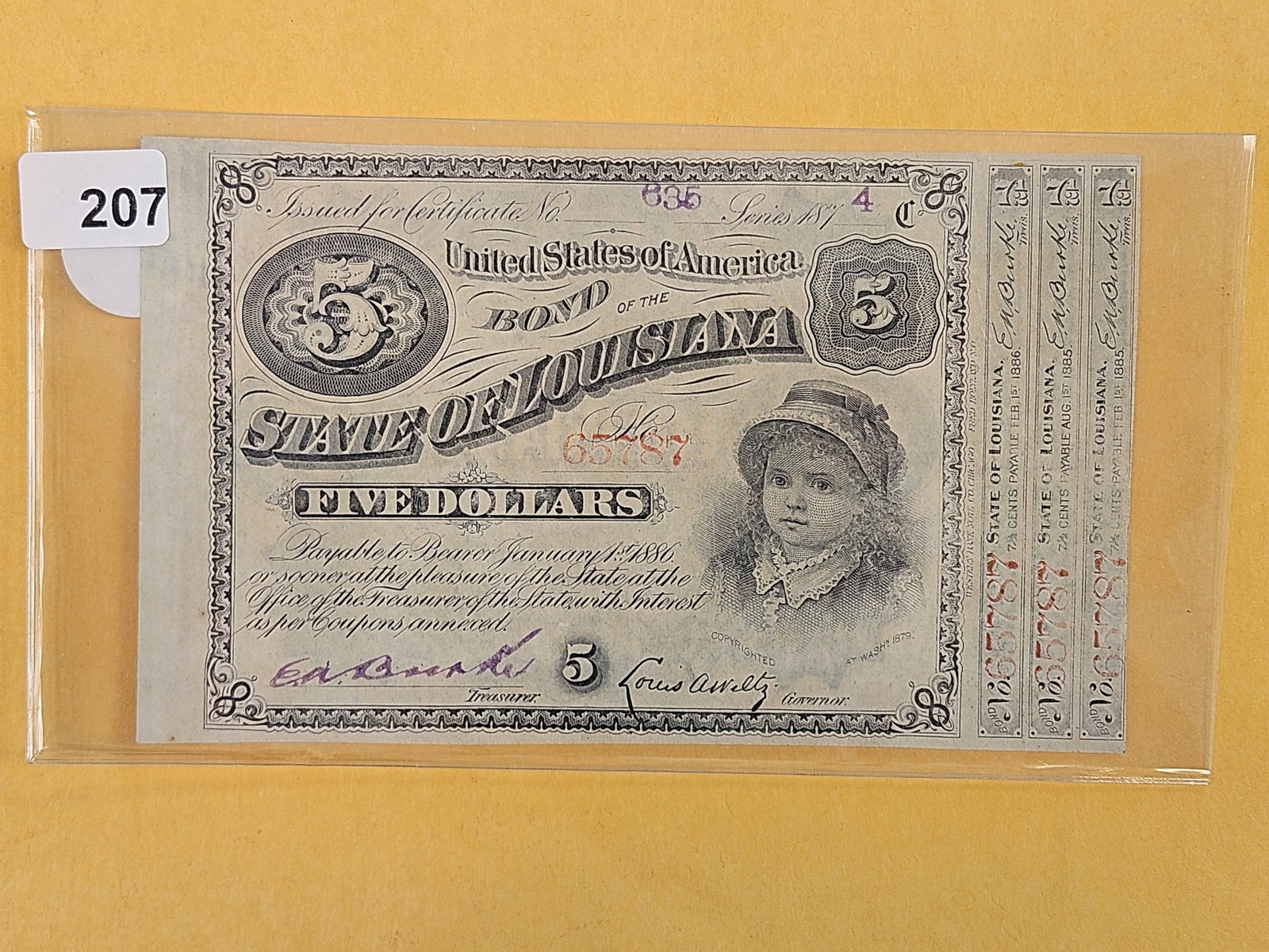 Set of State of Louisiana Five Dollar Baby Bonds: 9, 10, and 11 left