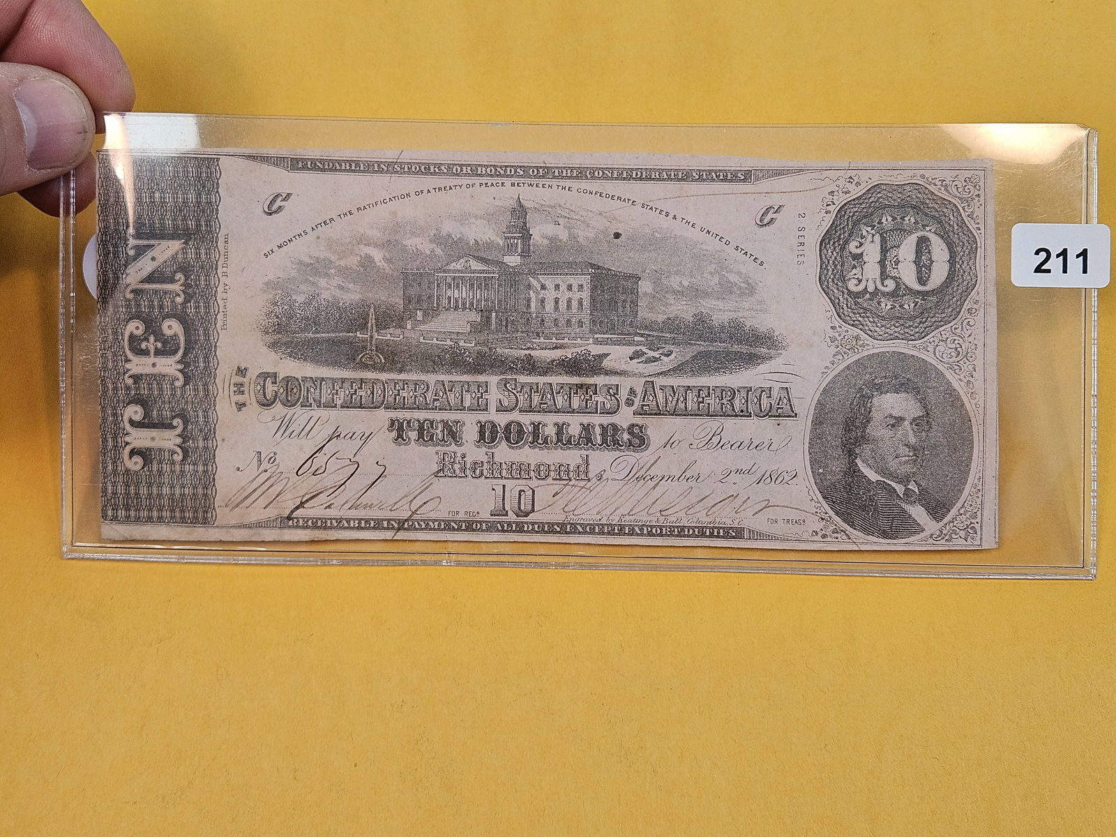 1862 Confederate States of America 10 Dollars (1 of 2)