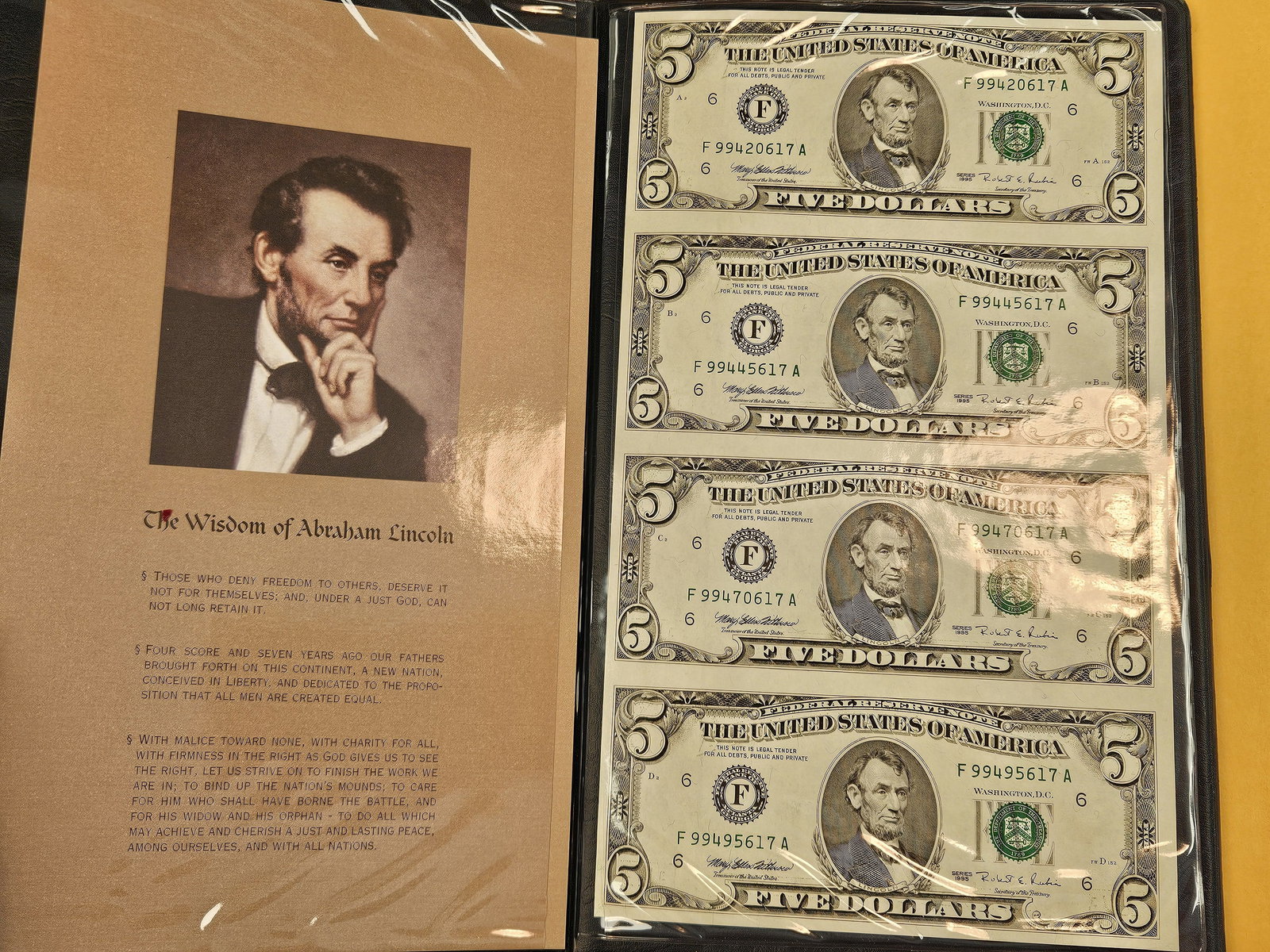 Crisp Uncirculated, Uncut, Sequential, Sheet of Five Dollar US Notes - 2