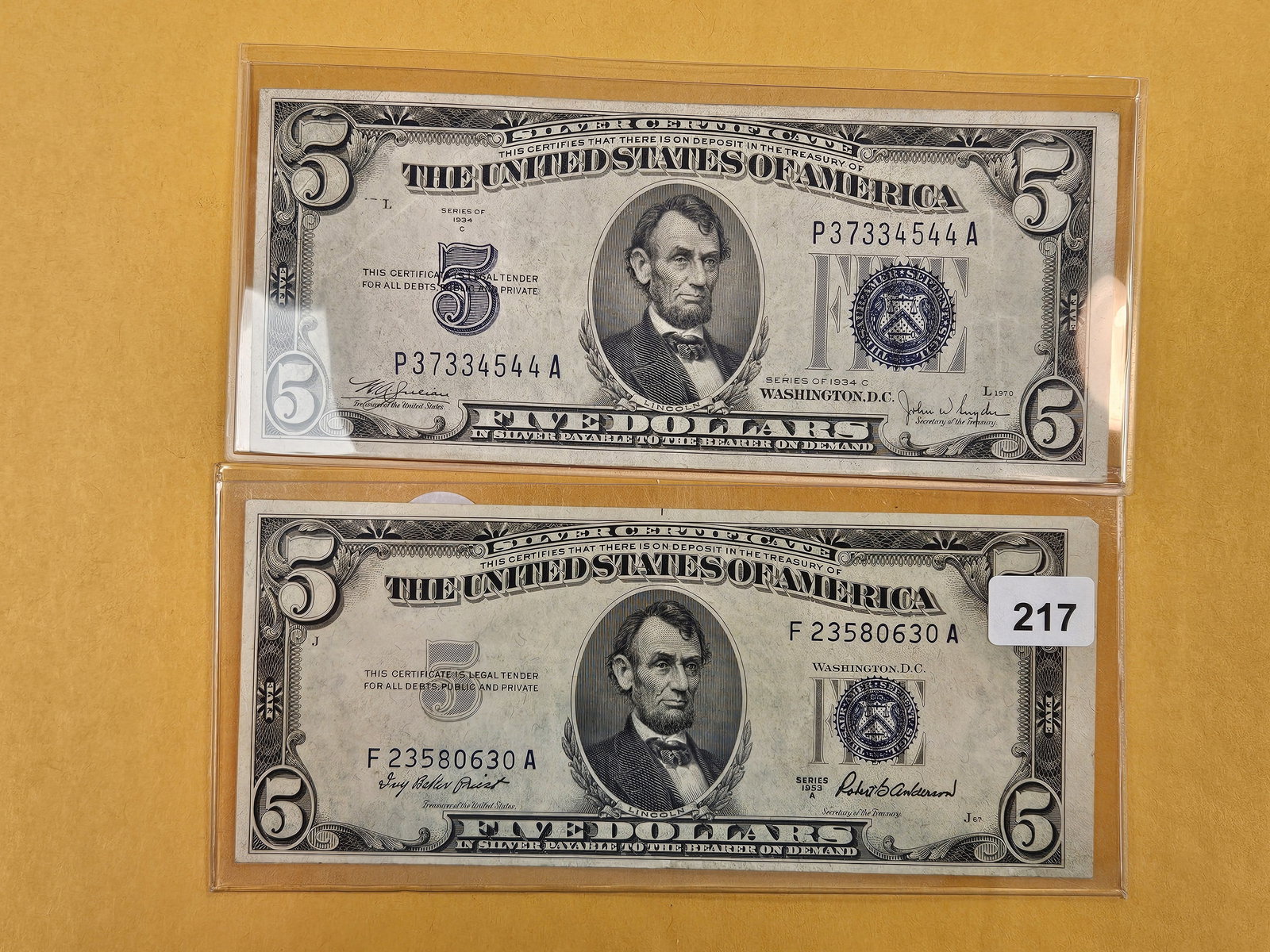 Two crispy Five Dollar Silver Certificates: 1934-C and 1953-A