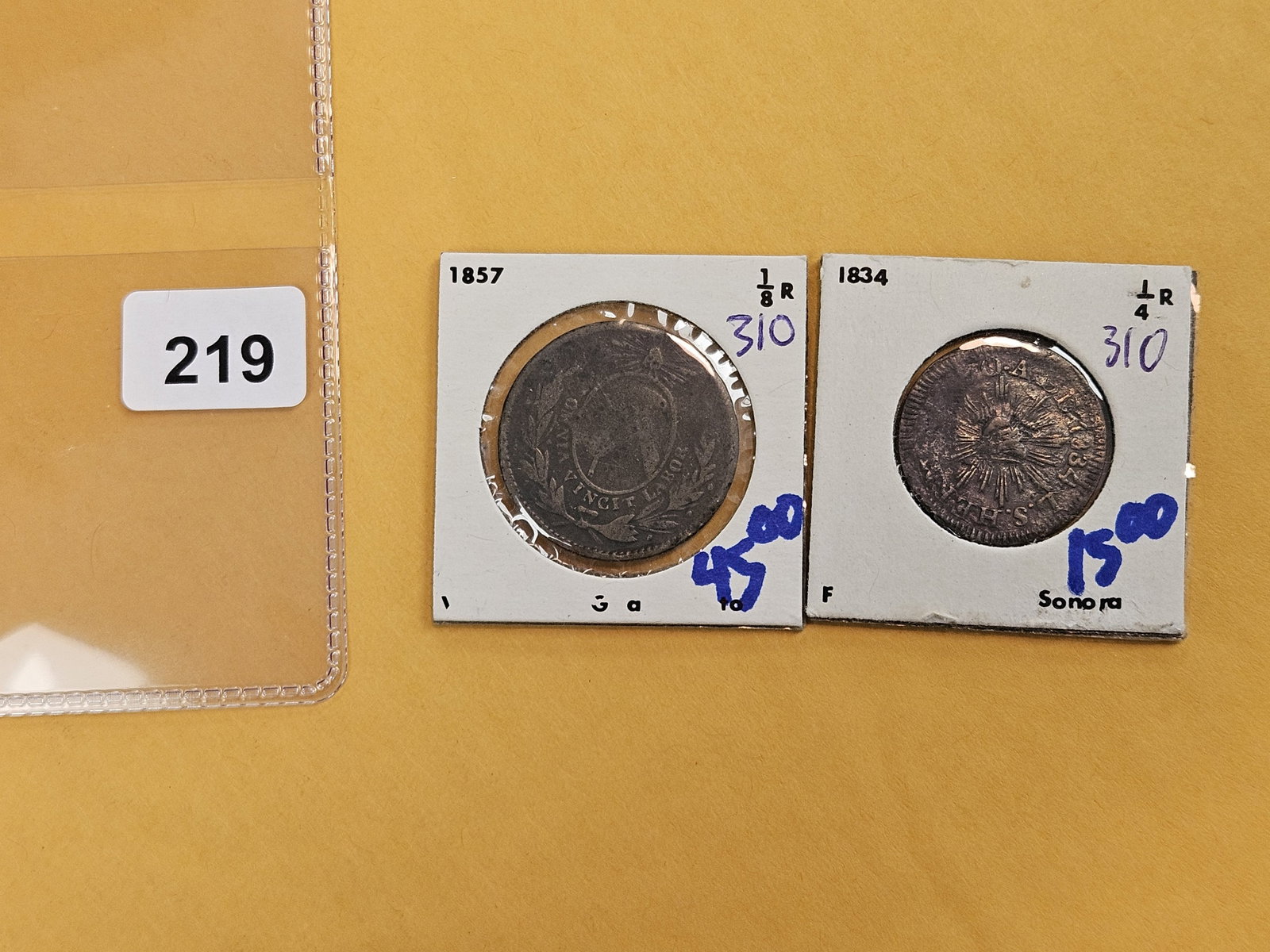 Two 1800's Mexican coins:  1857 Mexico FIRST REPUBLIC 1/8 Real KM# 328 AND AN 1834 SONORA 1/4 REAL