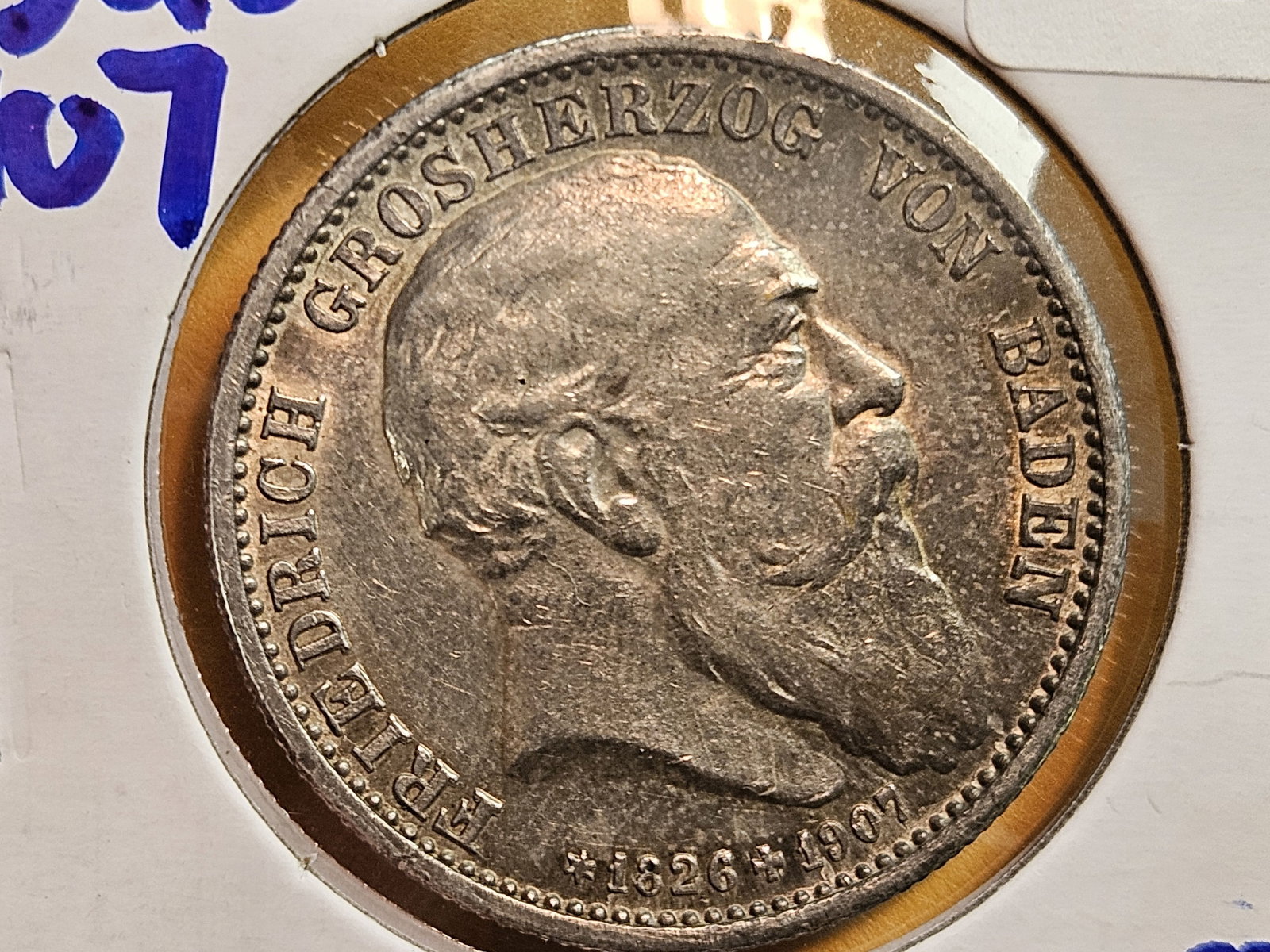 1907 German States Baden silver 2 marks: Lightly circulated with a nice patina