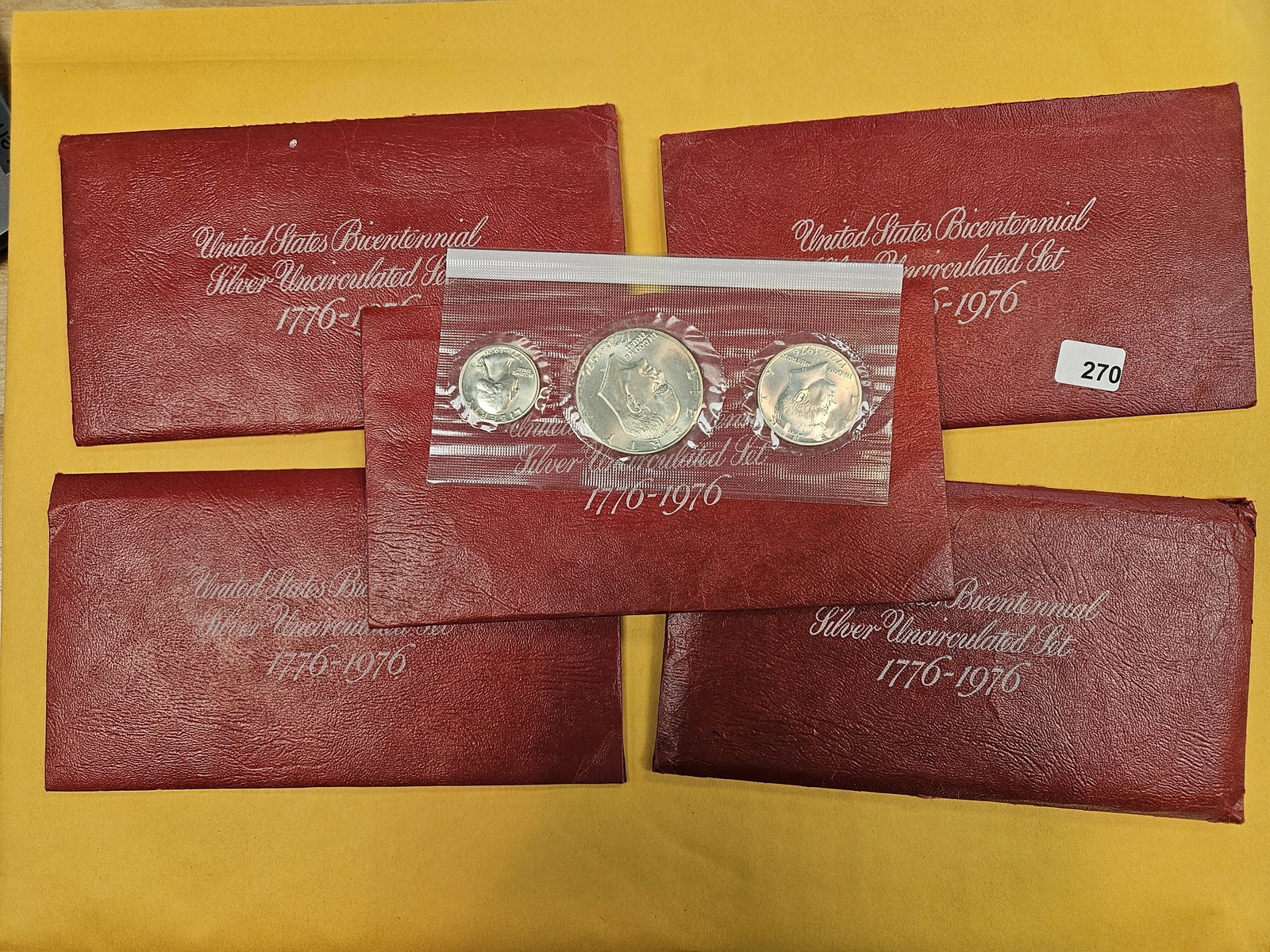Five GEM Brilliant Uncirculated SILVER 3-Coin Bicentennial Sets: RED Sets. All in OGP