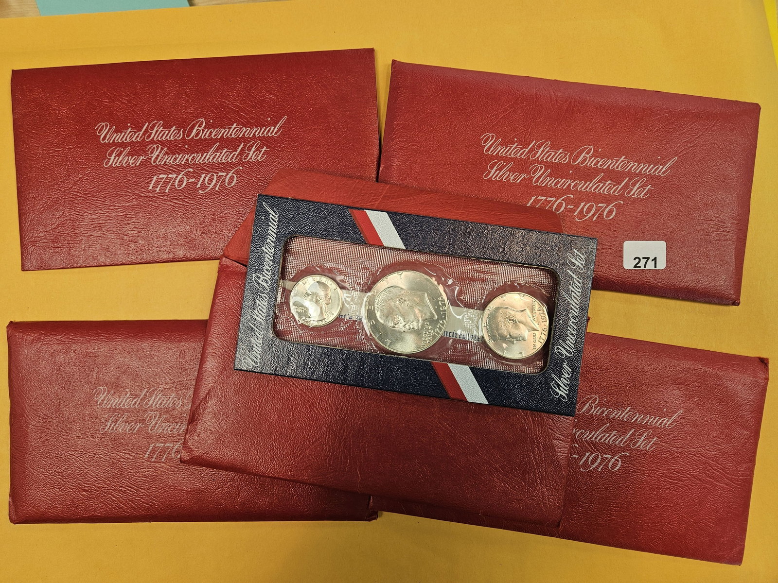 Five GEM Brilliant Uncirculated SILVER 3-Coin Bicentennial Sets: RED Sets. All in OGP