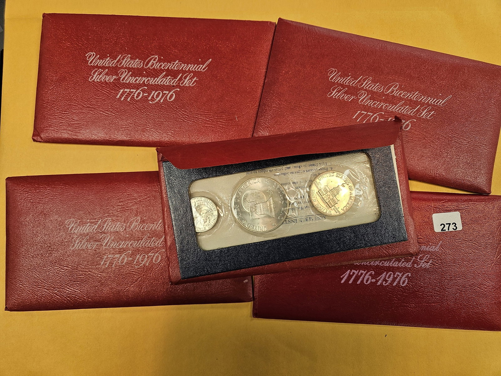 Five GEM Brilliant Uncirculated SILVER 3-Coin Bicentennial Sets: RED Sets. All in OGP