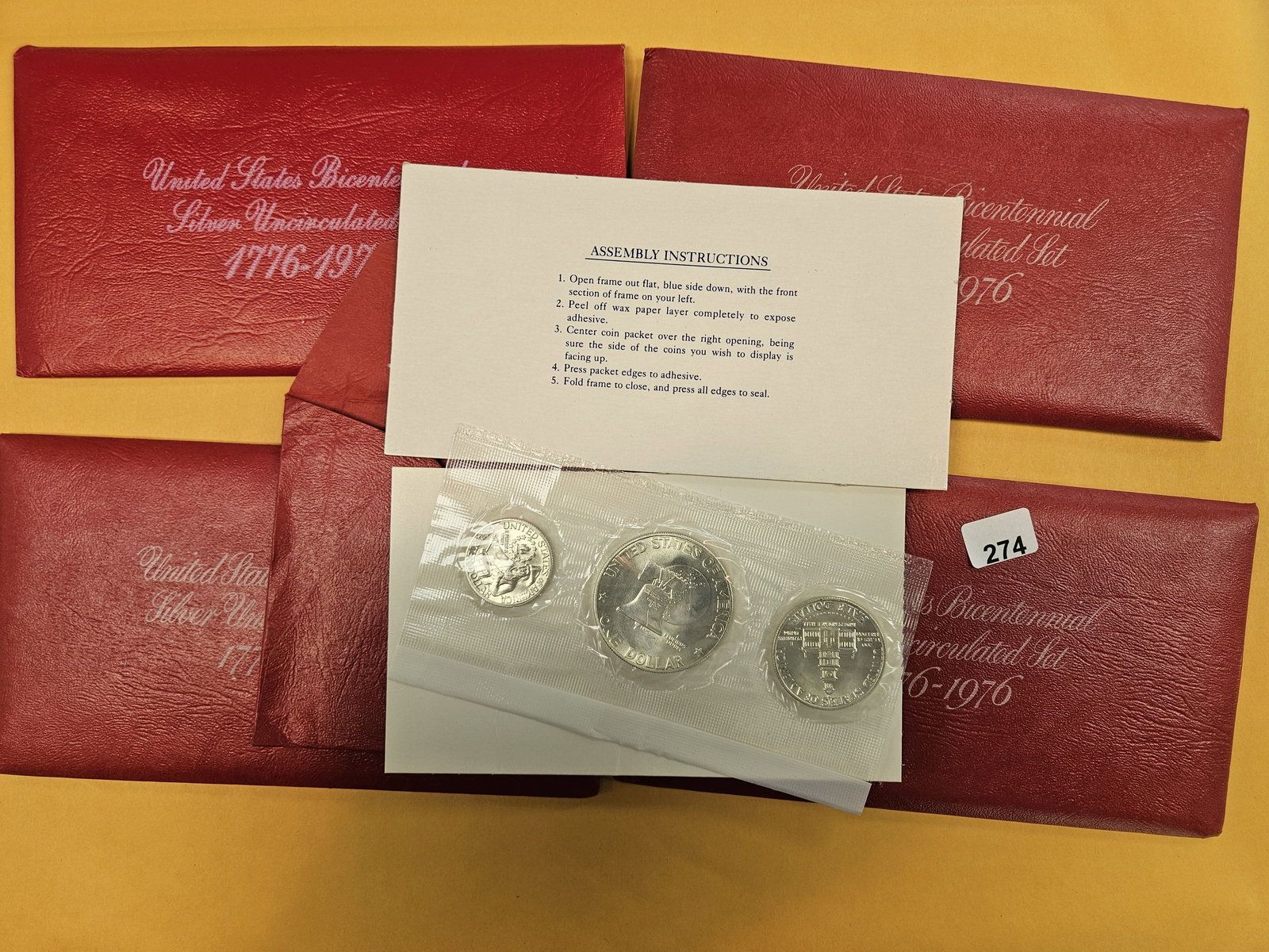Five GEM Brilliant Uncirculated SILVER 3-Coin Bicentennial Sets: RED Sets. All in OGP