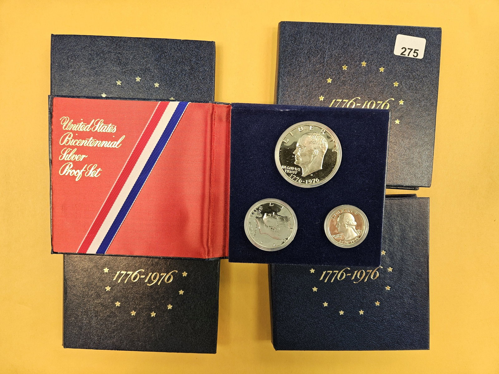 Five GEM Proof Silver 3-coin Bicentennial Sets: All in original hard packs but no outer case or COAs